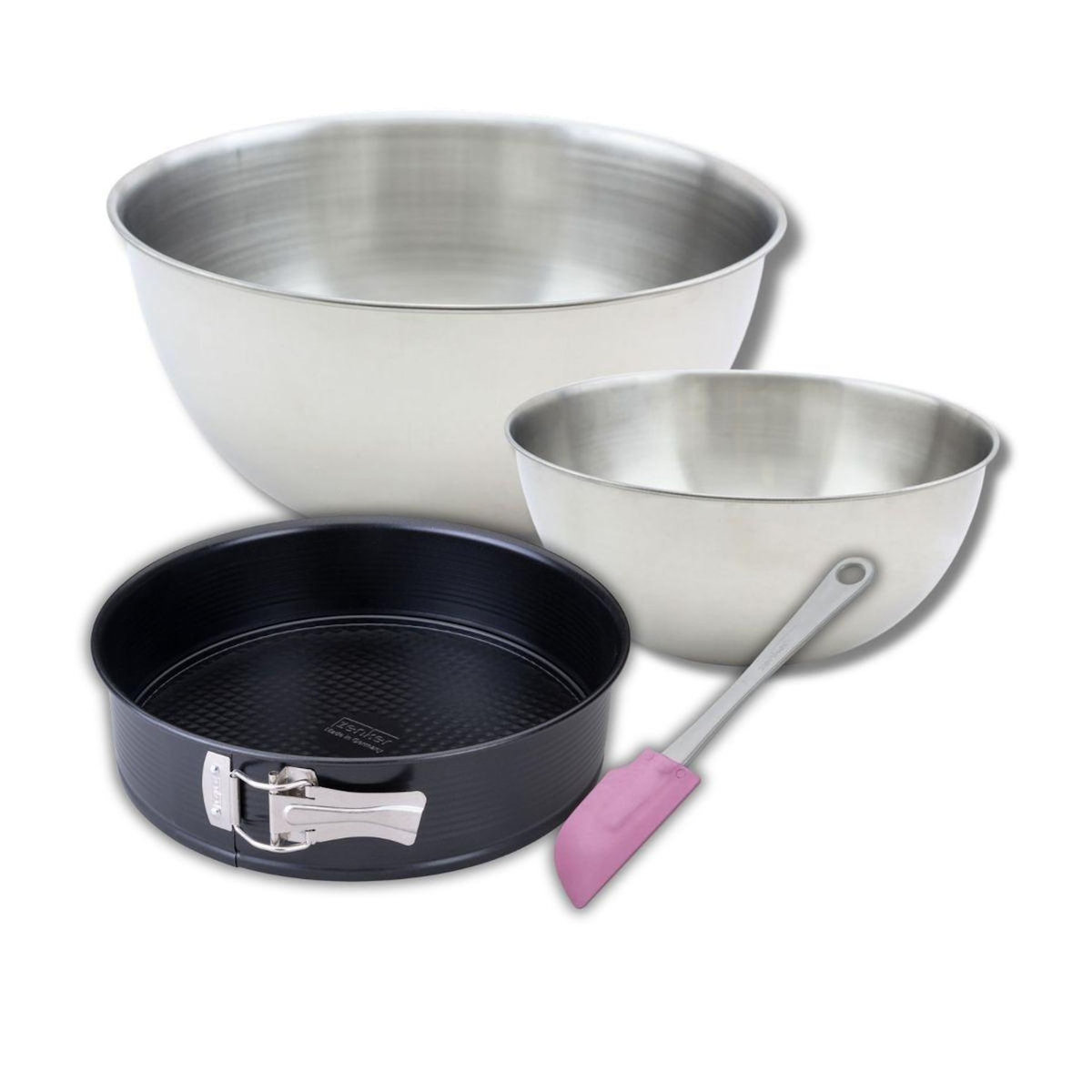 ZENKER Lot avec 1 Moule à manqué à charnière 26 cm, 1 spatule Zenker et 2 bols à mixer en inox Fackelmann