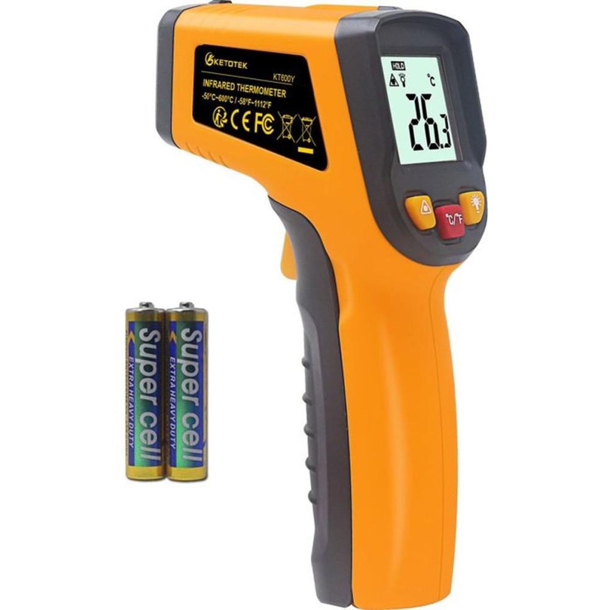 Thermomètre infrarouge laser numérique non contact orange et noir plage -50 à 600 °C, écran LCD rétroéclairé, viseur laser, 12:1, temps de réponse <500 ms