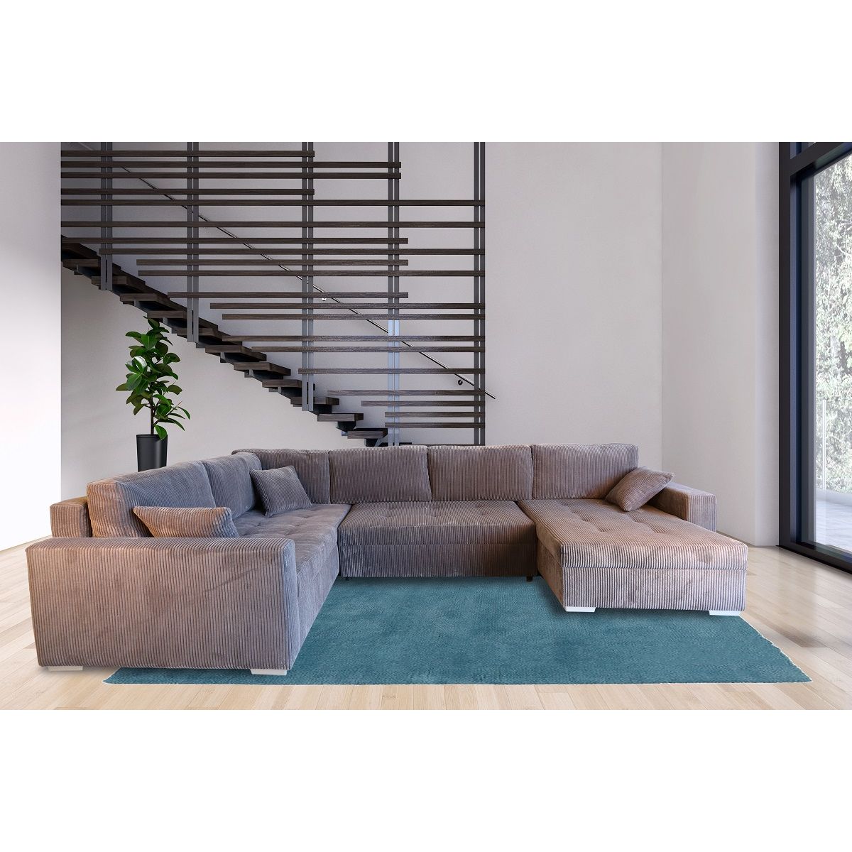 Canapé d'angle convertible panoramique 5 places tissu velours avec coffre MAGNUS
