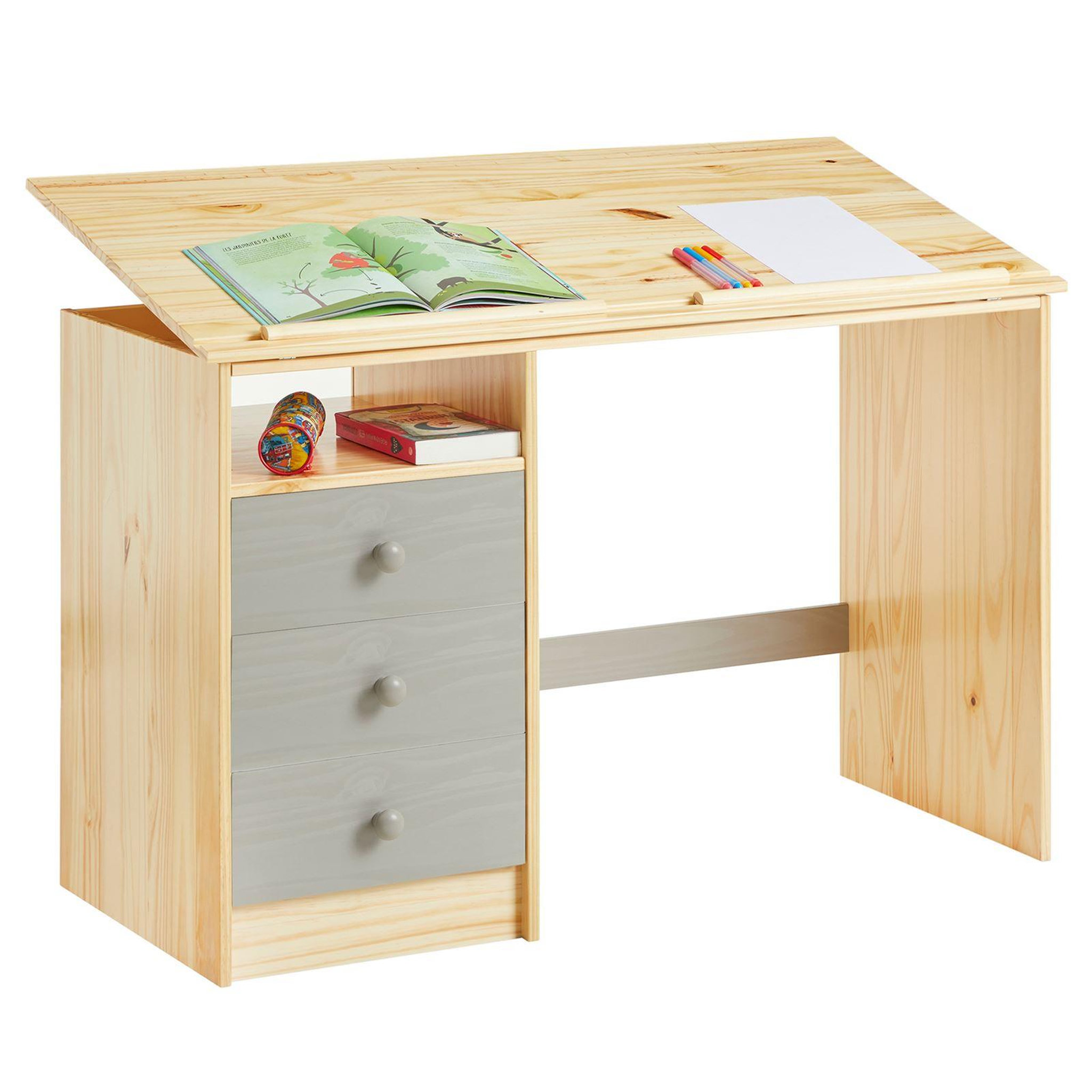 Voir la diapositive 1 : IDIMEX Bureau enfant KEVIN, en pin massif, 3 tiroirs et plateau inclinable