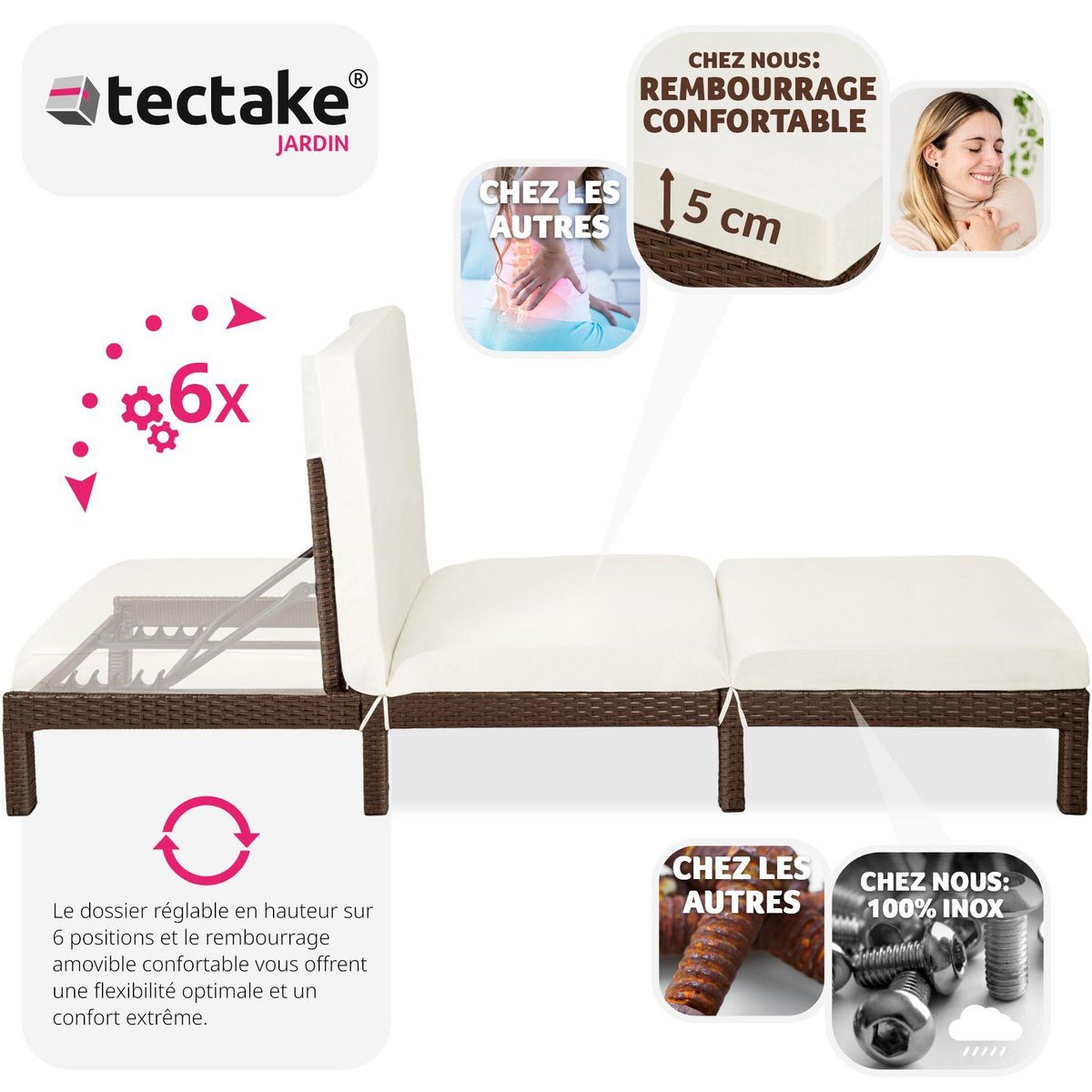 tectake Bain de soleil Transat en rotin Robuste marron