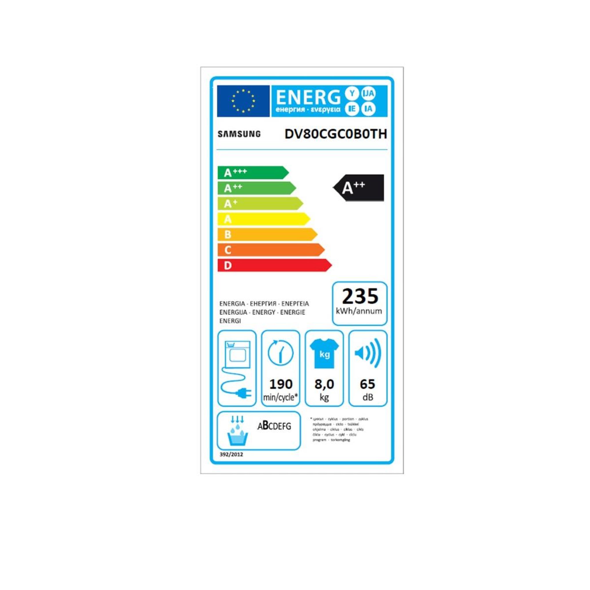 Voir la diapositive 2 : Samsung Sèche-linge pompe à chaleur  60cm 8kg blanc - DV80CGC0B0TH