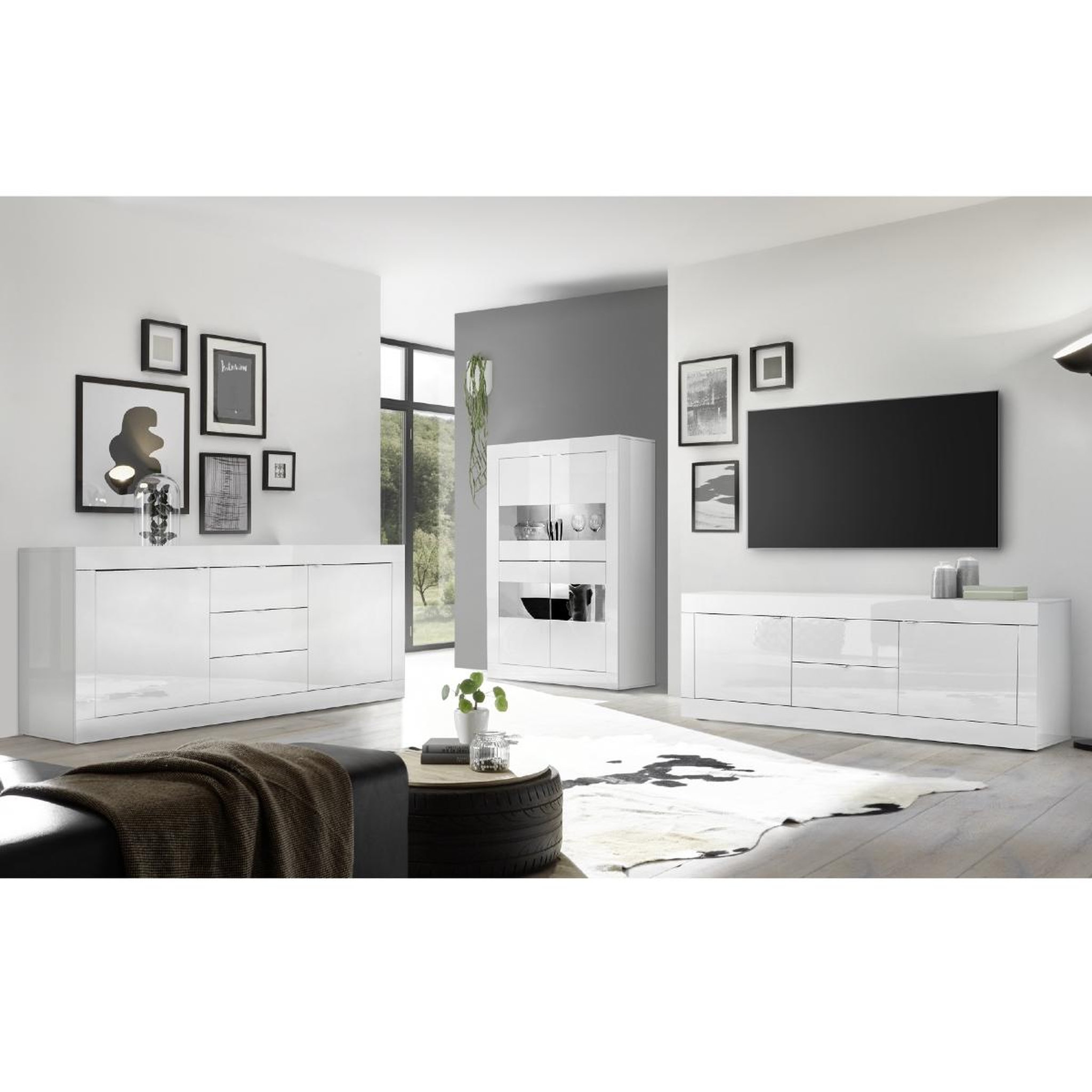 Voir la diapositive 3 : JLC KREATION Meuble tv 2 portes - 2 niches blanc laqué 180cm calia