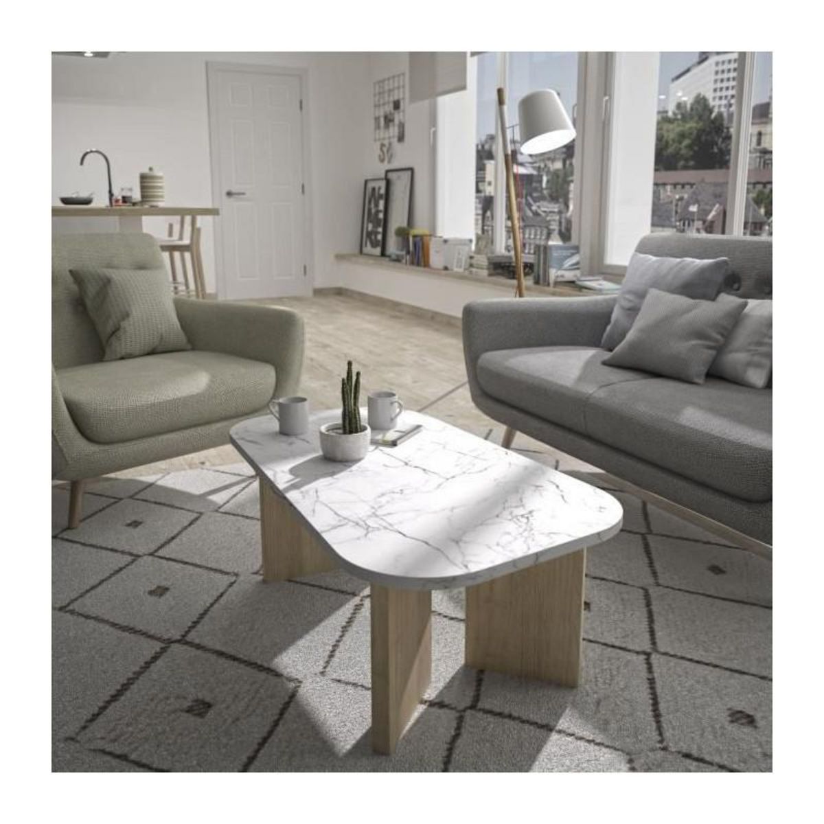DIAGONE Table basse ovale - QUARTZ - Blanc effet marbre - Pieds épais en chene - 105 x 58 x 39 cm - DIAGONE