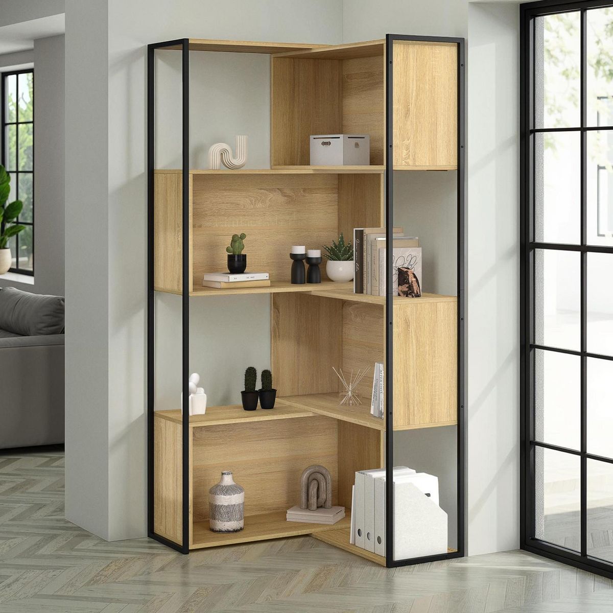 ID MARKET Etagère bibliothèque modulable DETROIT séparateur d'angle extensible design industriel 170 cm