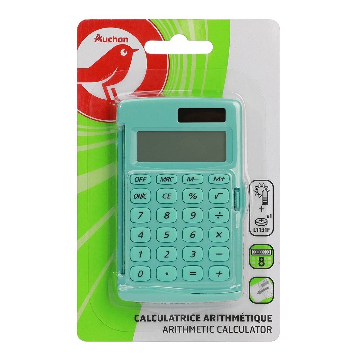 AUCHAN  Calculatrice arithmétique affichage 8 chiffres + étui - bleu ciel