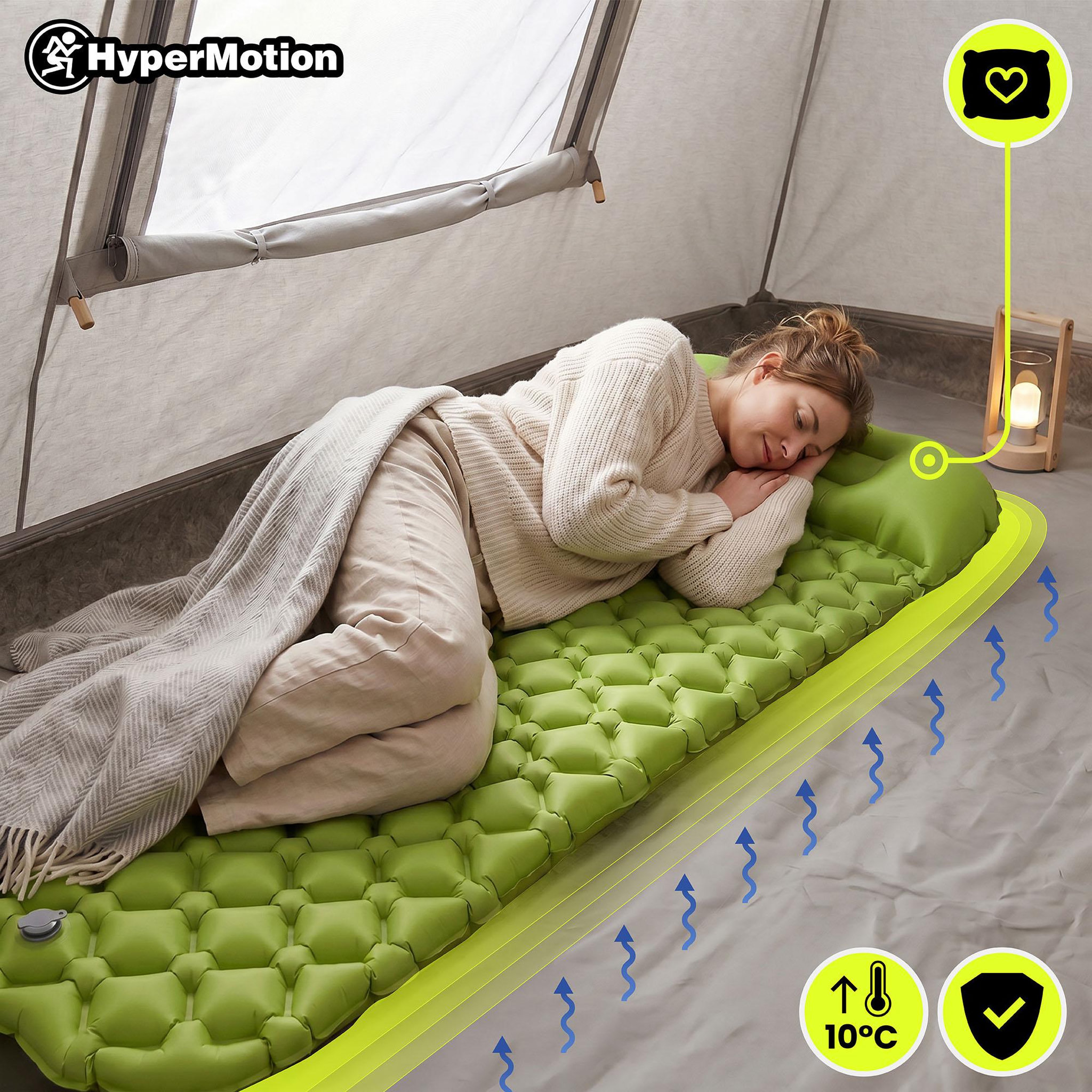 Voir la diapositive 2 : HYPERMOTION Matelas de Camp Gonflable Ultraléger de Randonnée Campmat 1 Place avec Oreiller Intégré 190x56cm
