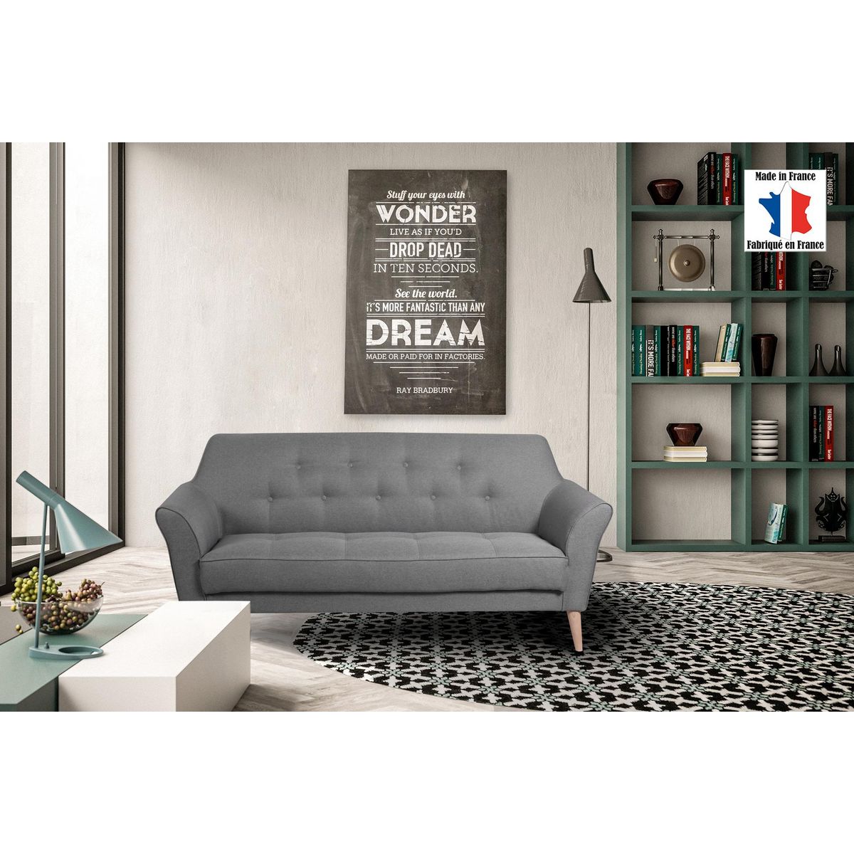 Canapé 3 places scandinave tissu chiné SANTANA, pieds hêtre