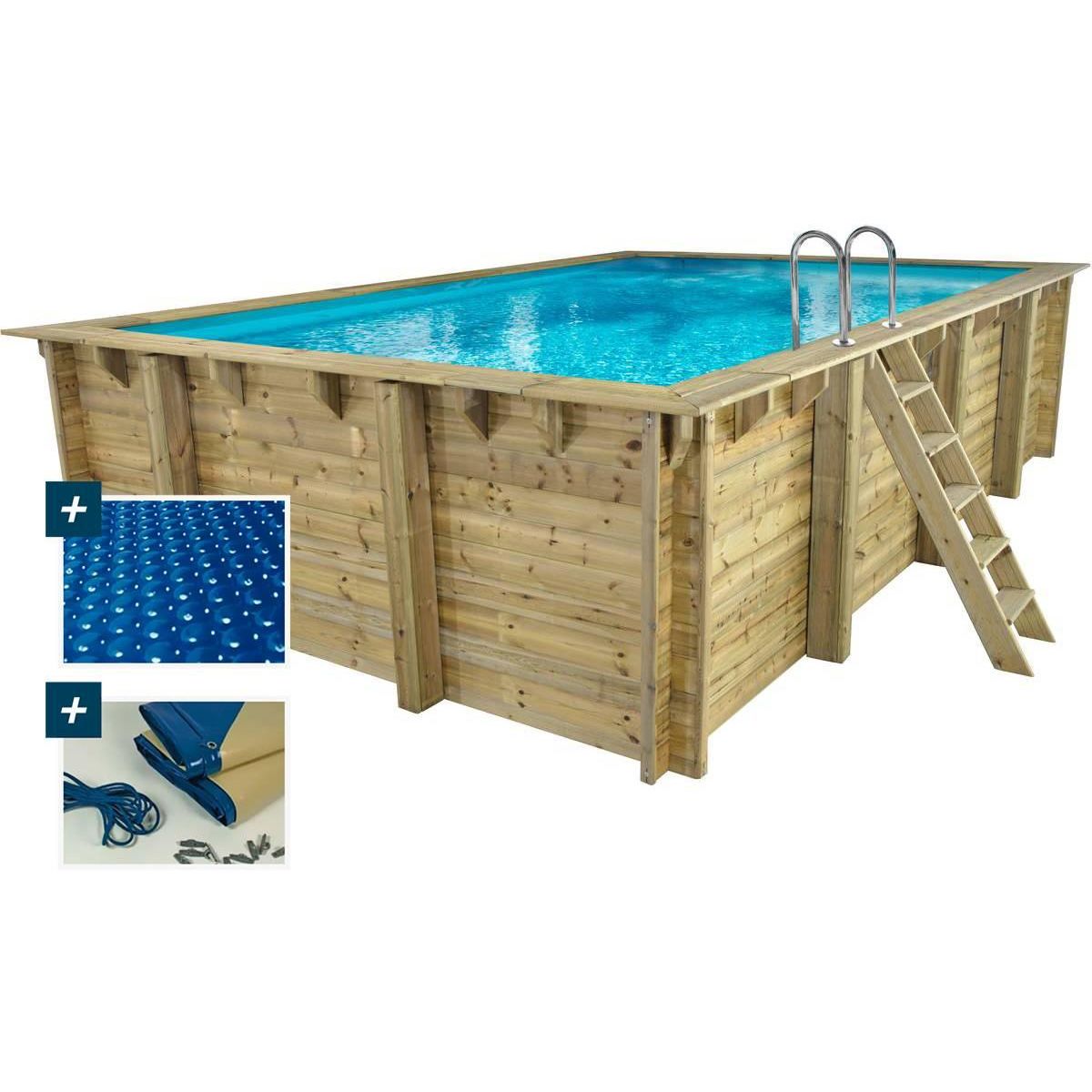 Habitat et Jardin Piscine bois rectangle   Panama  - 6.20 x 4.10 x 1.45 m + Bâche à bulles 180 µ - Bâche hiver 280 g/m² +