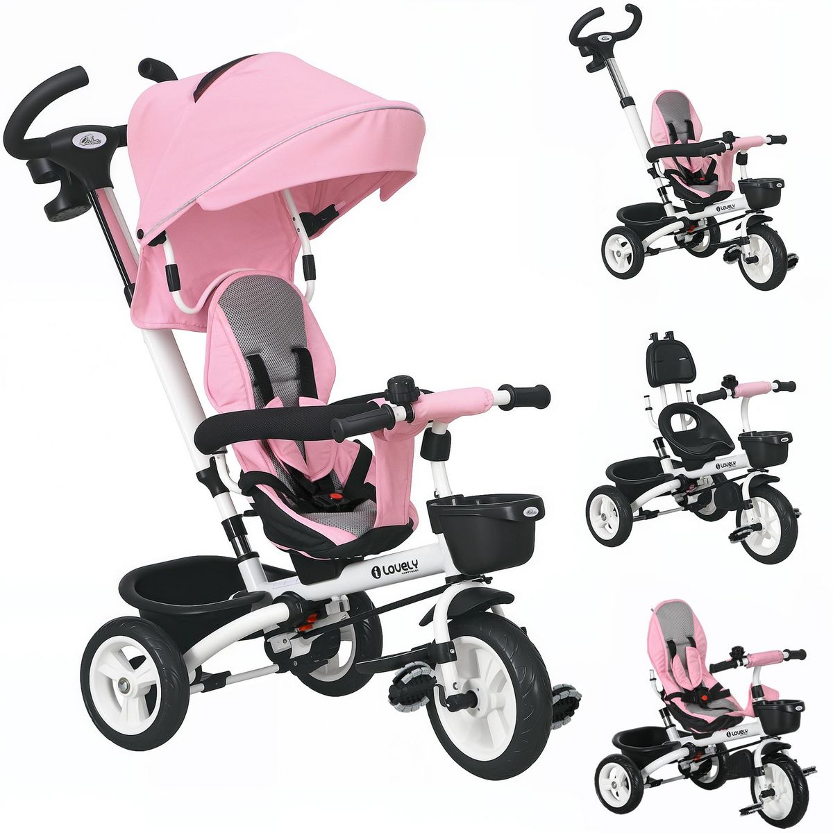 HOMCOM Tricycle enfant évolutif pliable pare-soleil canne télescopique amovible siège réversible rose