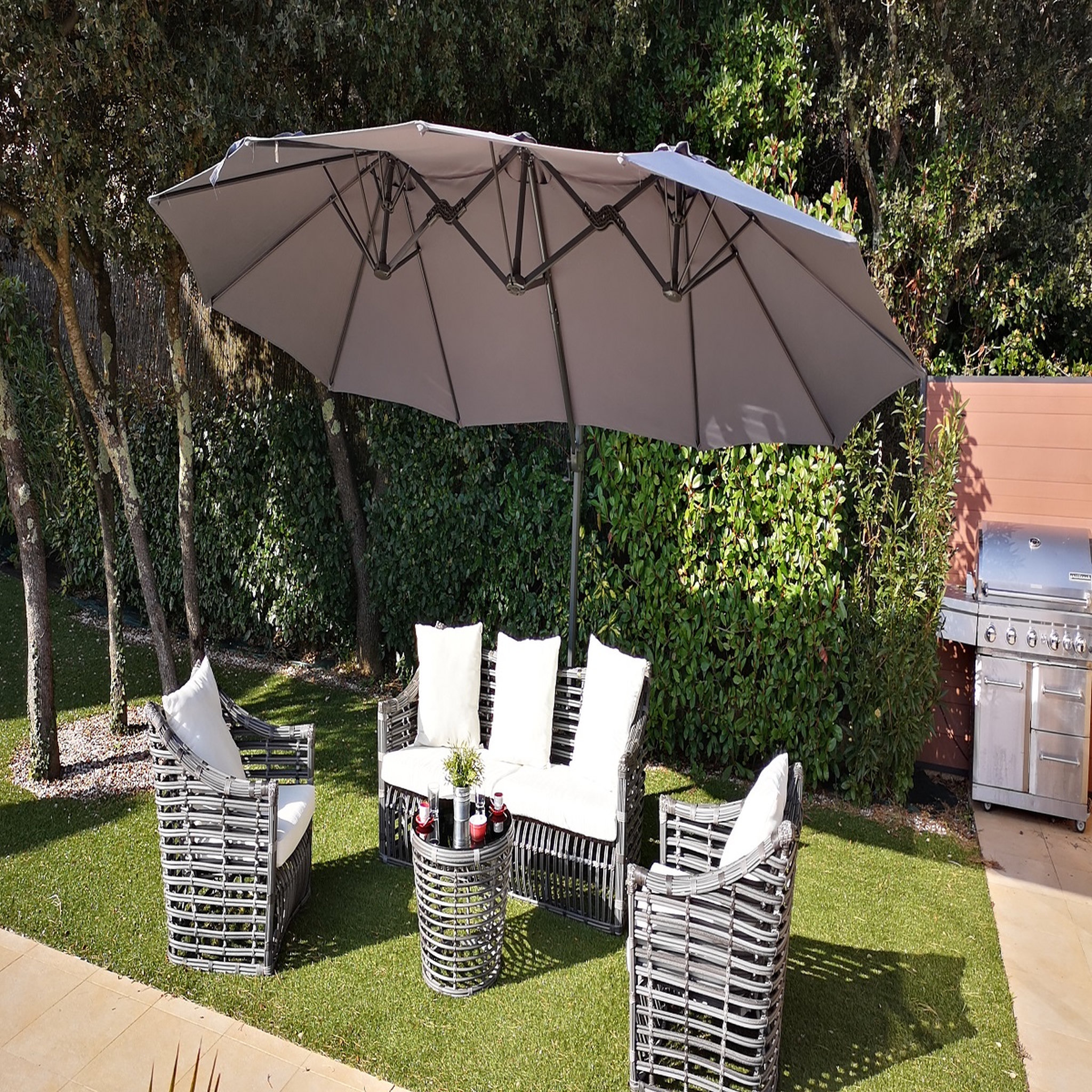 Voir la diapositive 1 : Parasol ovale 3 têtes 2,70x4,6m gris DEPORWIDE