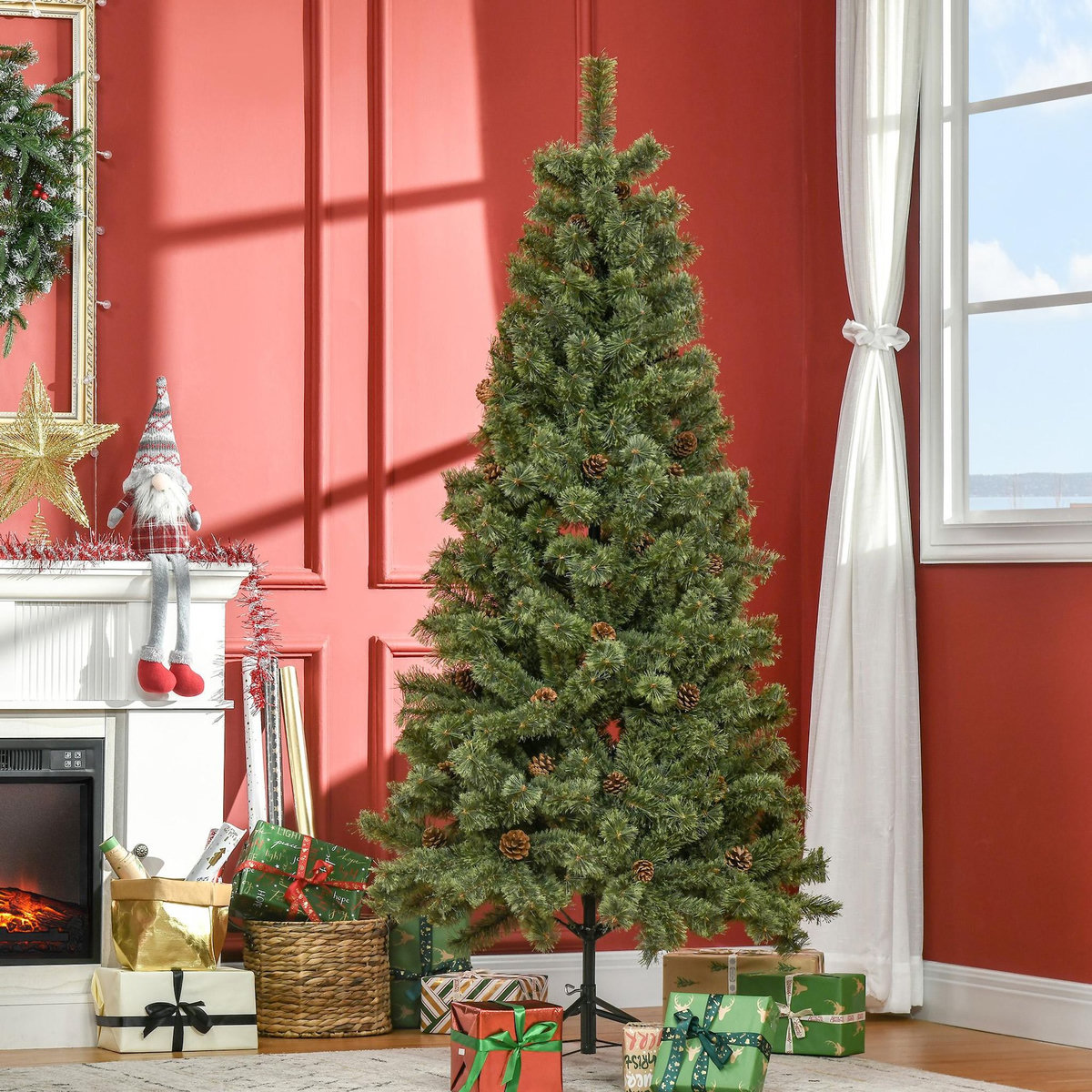 HOMCOM Sapin de Noël artificiel Ø 87 x 180H cm - 450 branches épines imitation Nordmann grand réalisme - 28 pommes de pin - métal PVC vert