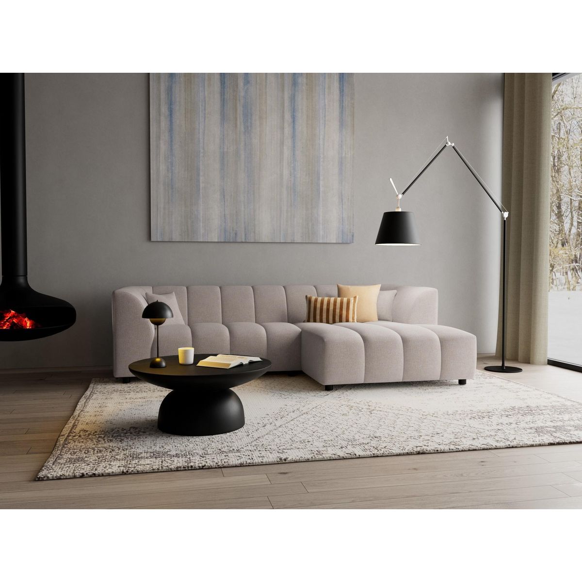 LISA DESIGN Curtis - canapé d'angle droit 4 places avec accoudoir en tissu texturé