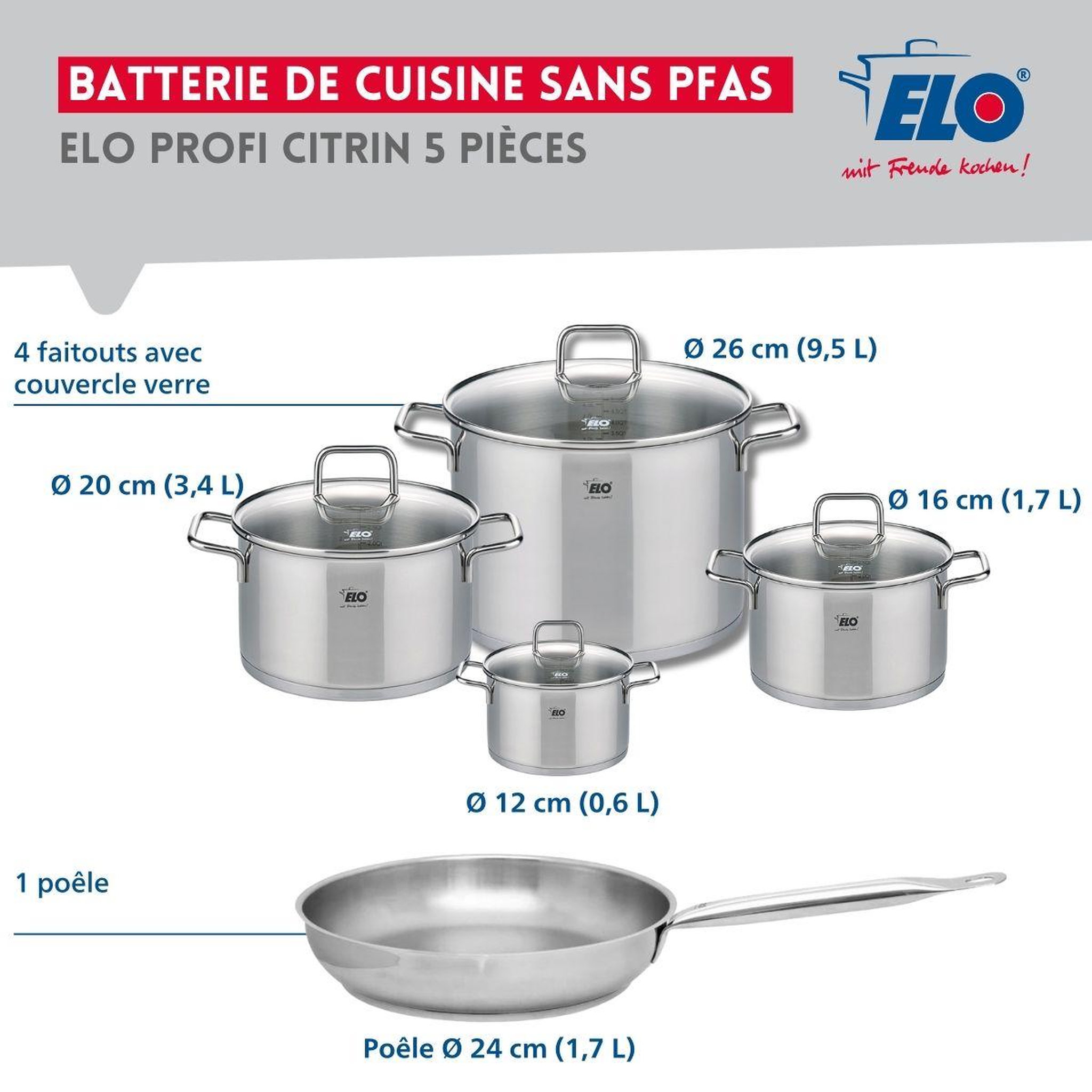 Voir la diapositive 2 : ELO Ensemble de 1 poêle de cuisson 24 cm et 4 faitouts 12, 16, 20 et 26 cm elo profi citrin