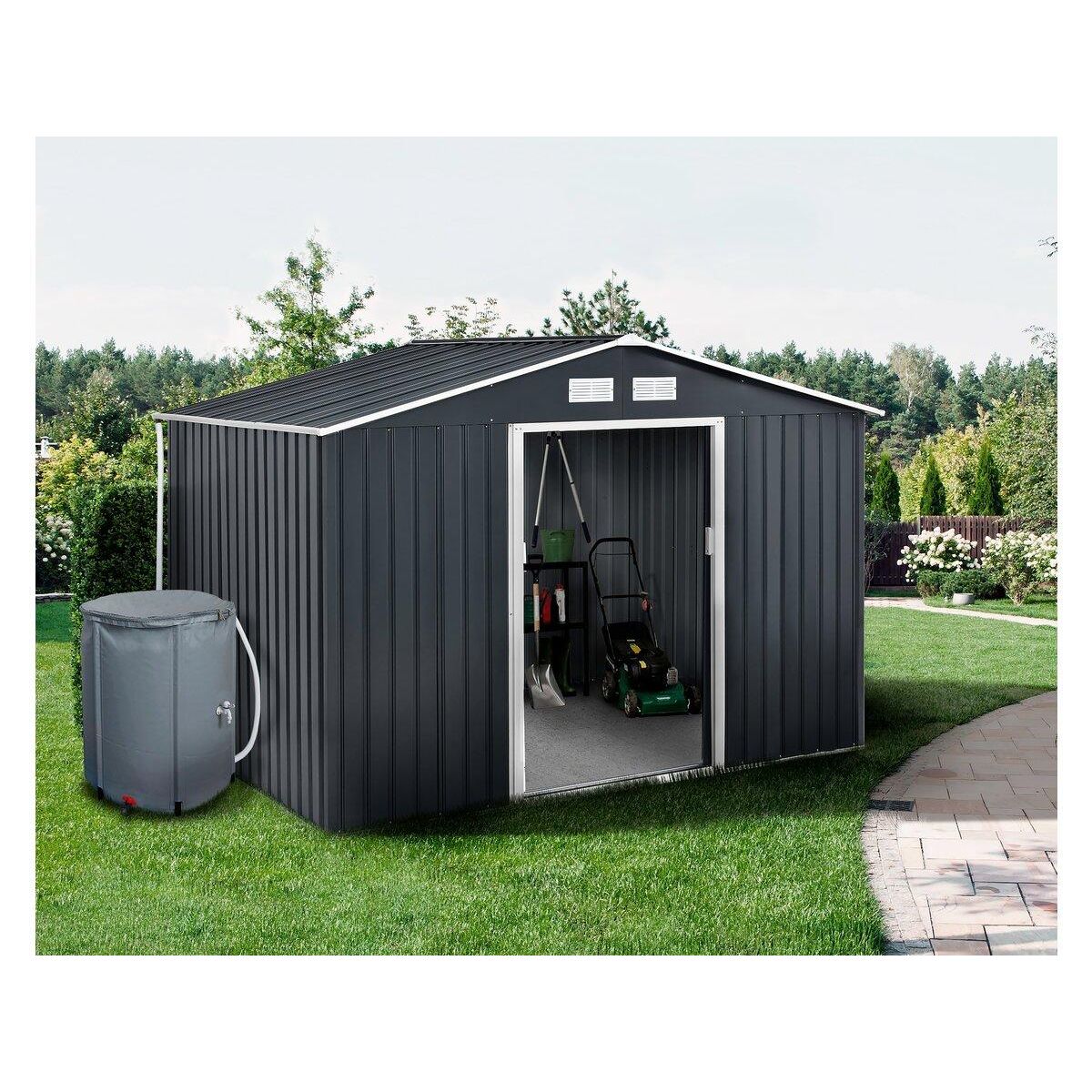 Habitat et Jardin Abri de jardin métal -  Vegas  - 8,83 m² avec gouttière et récupérateur d'eau - Gris
