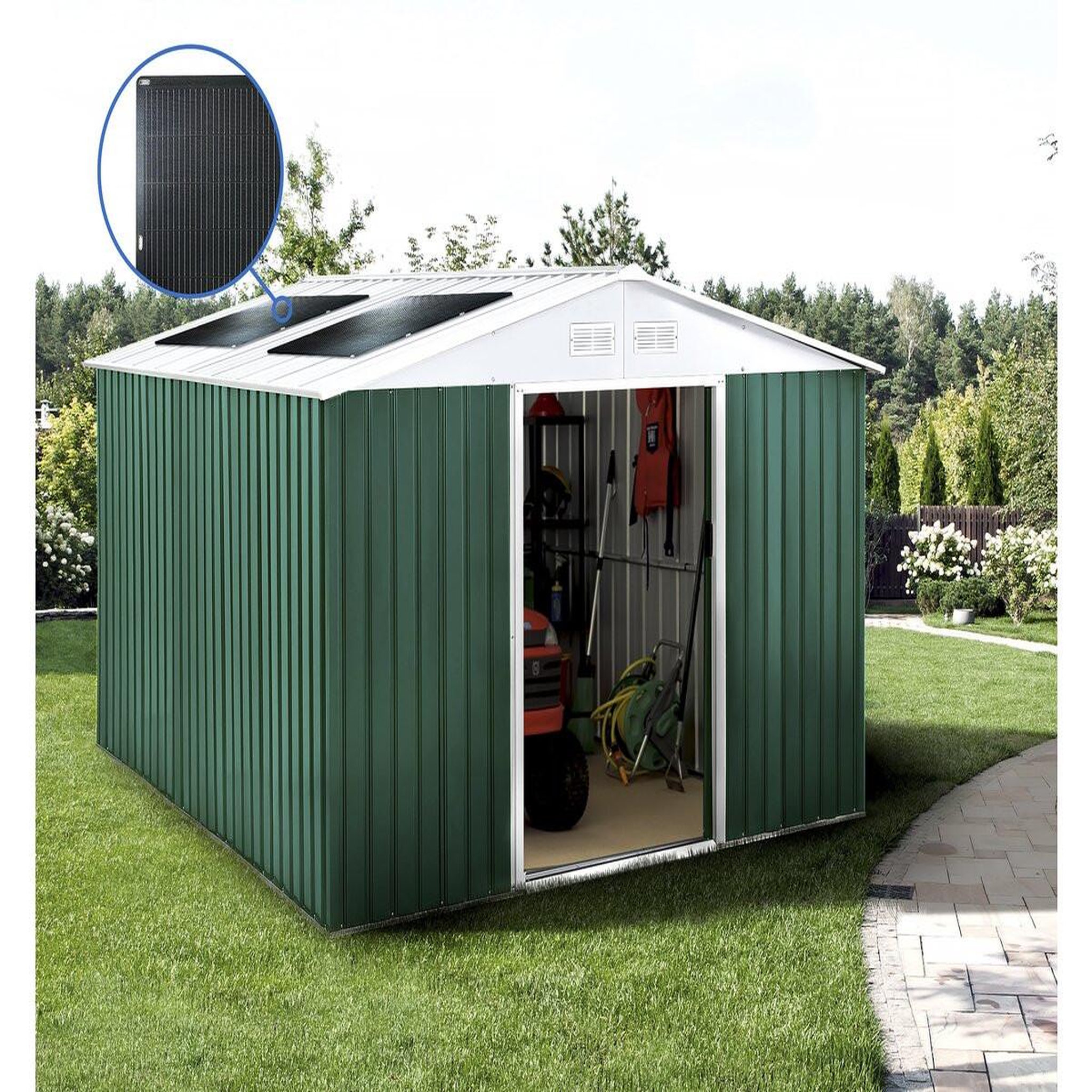 Voir la diapositive 2 : Habitat et Jardin Abri de jardin métal -  rosas   - 10,85 m² avec panneaux solaires - vert