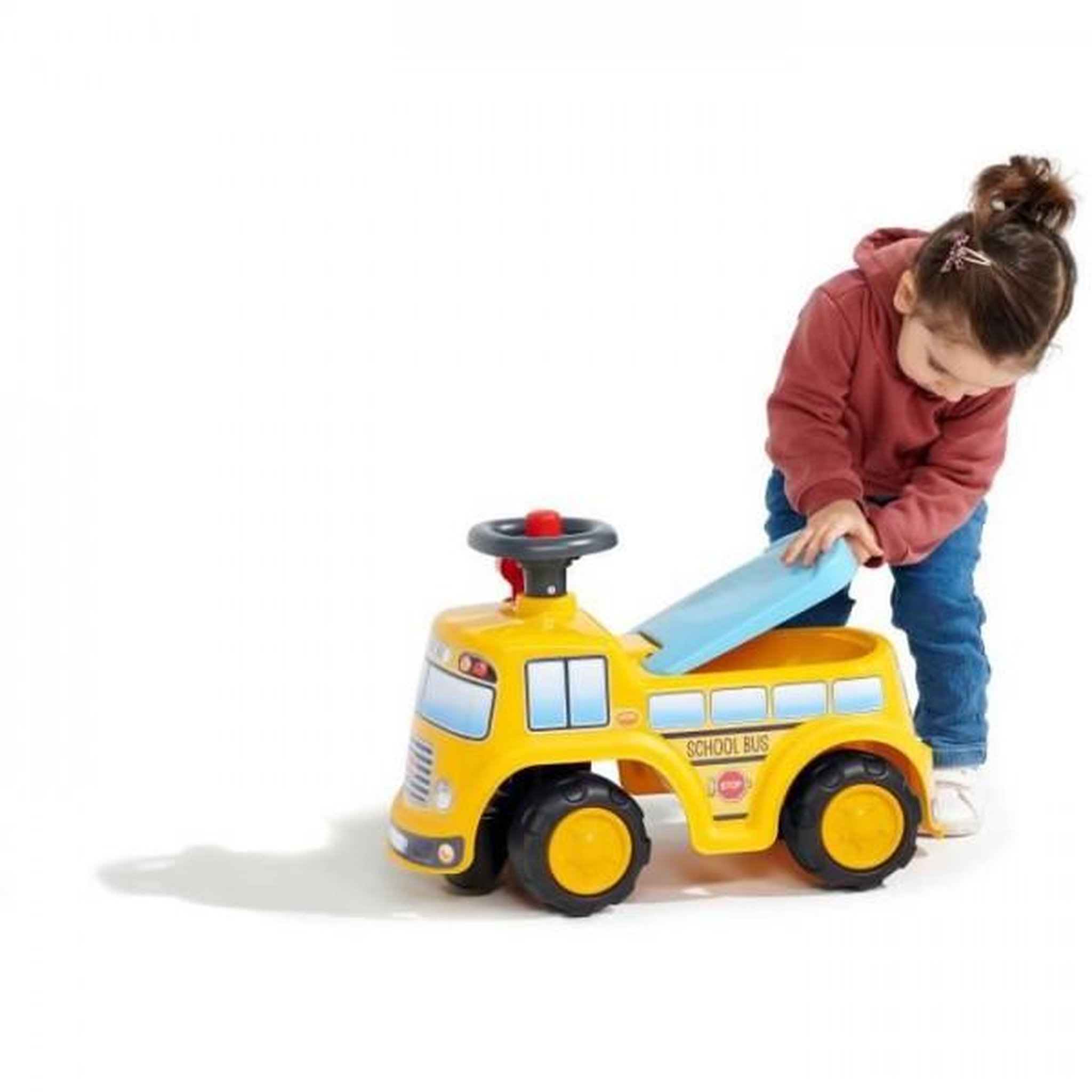 Voir la diapositive 6 : FALK Porteur Trotteur  - FALK - School Bus - Assise ouvrante - Volant directionnel - Des 12 mois - 100% Fabriqué en France