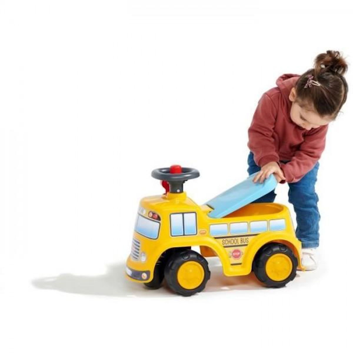 FALK Porteur Trotteur  - FALK - School Bus - Assise ouvrante - Volant directionnel - Des 12 mois - 100% Fabriqué en France