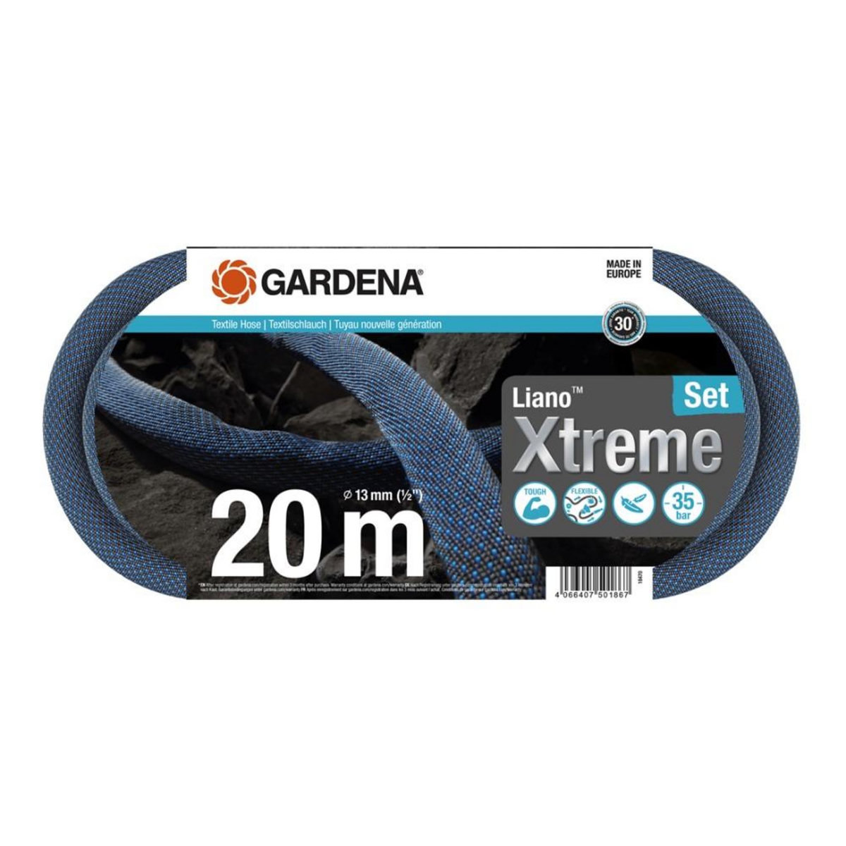 Gardena Kit tuyau Liano™Xtreme 20m, Ø 13mm + pièces GARDENA System - ultra résistant