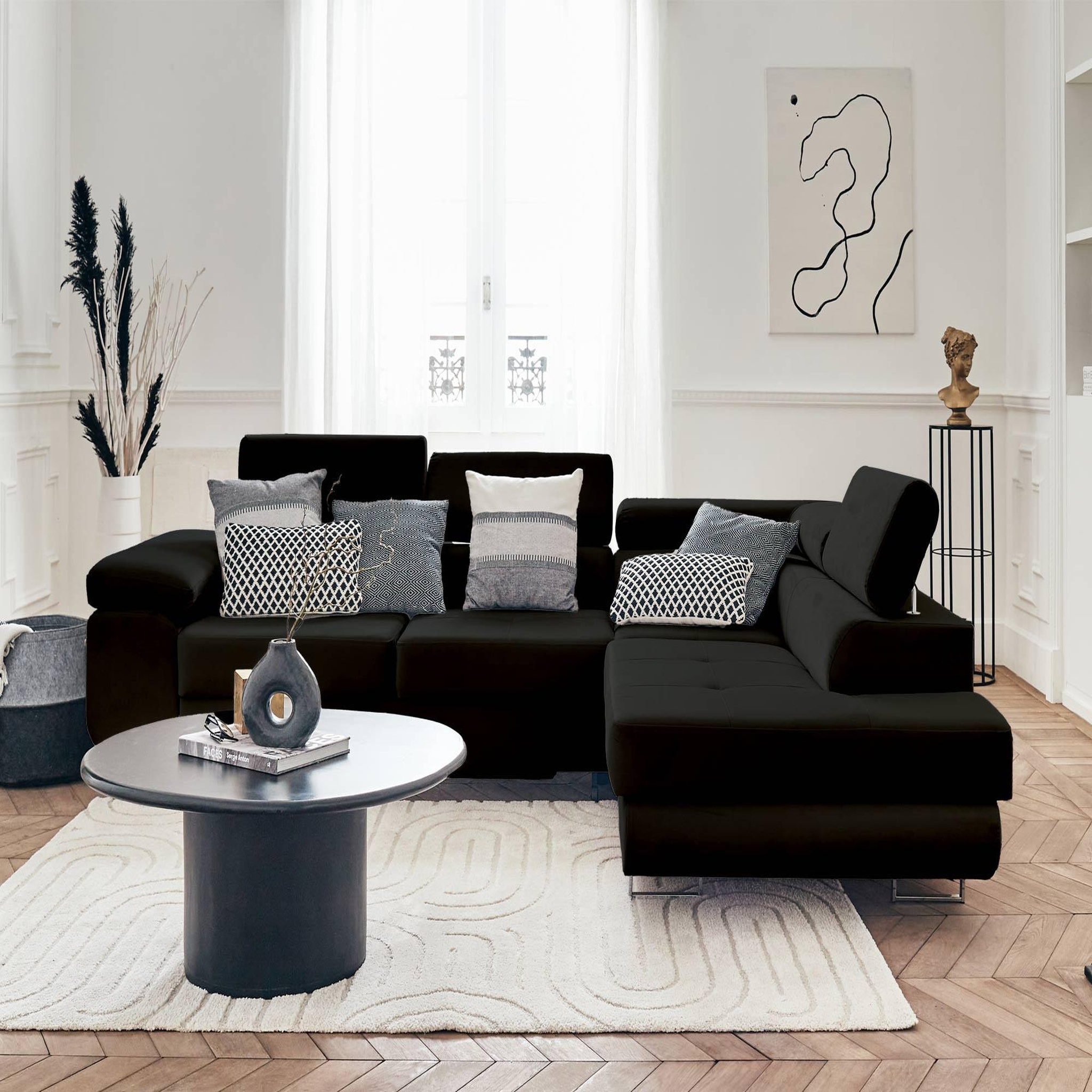 Voir la diapositive 4 : BEST MOBILIER Pablo - canapé d'angle droit - 5 places - convertible avec coffre et têtières réglables - en velours