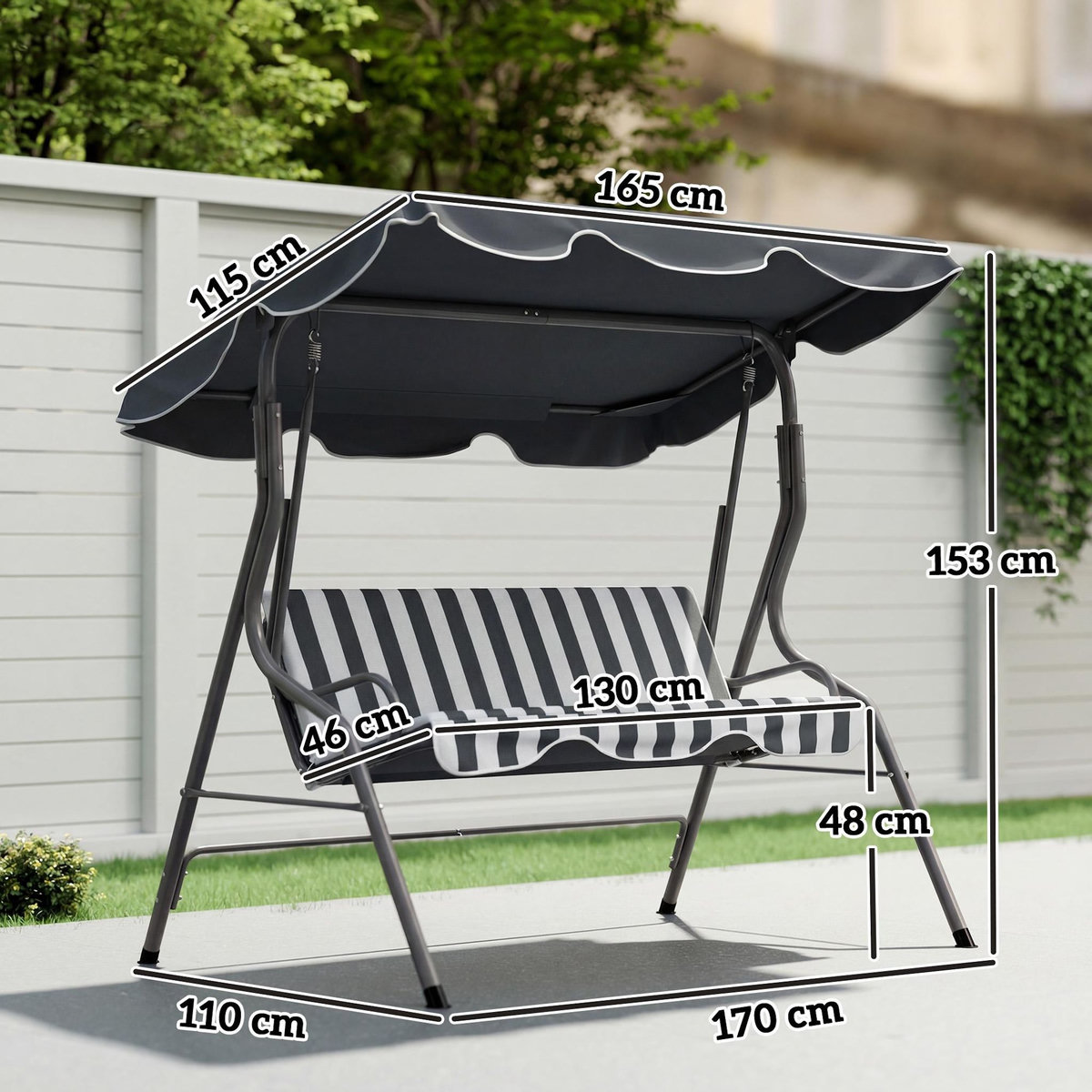 OUTSUNNY Balancelle de jardin 3 places coussins assise dossier gris blanc rayé