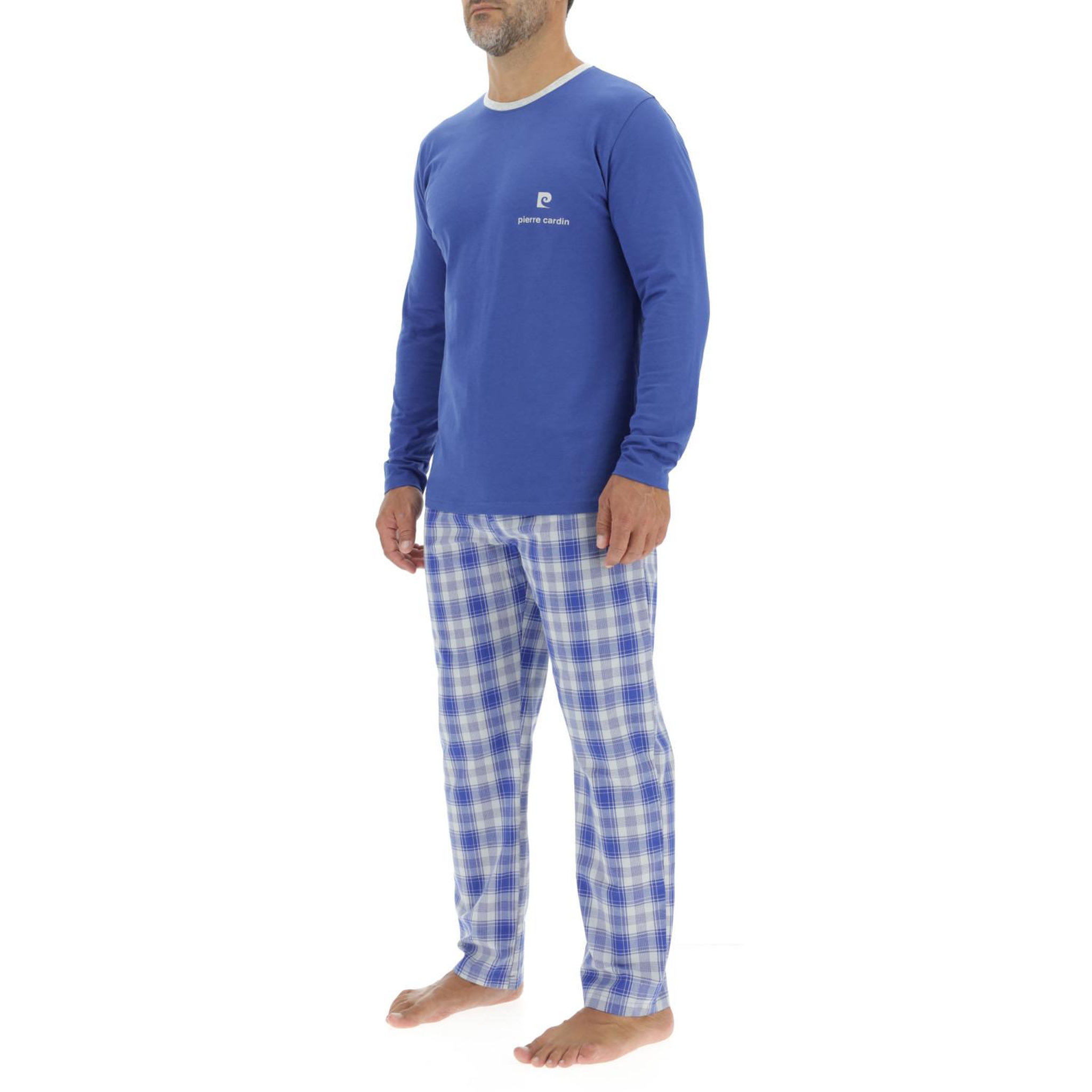Voir la diapositive 3 : PIERRE CARDIN Ensemble pyjama long homme en popeline à carreaux et logo poitrine