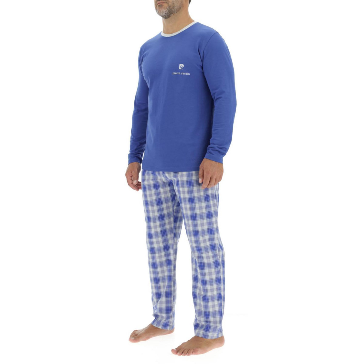PIERRE CARDIN Ensemble Pyjama long homme en popeline à carreaux et Logo poitrine