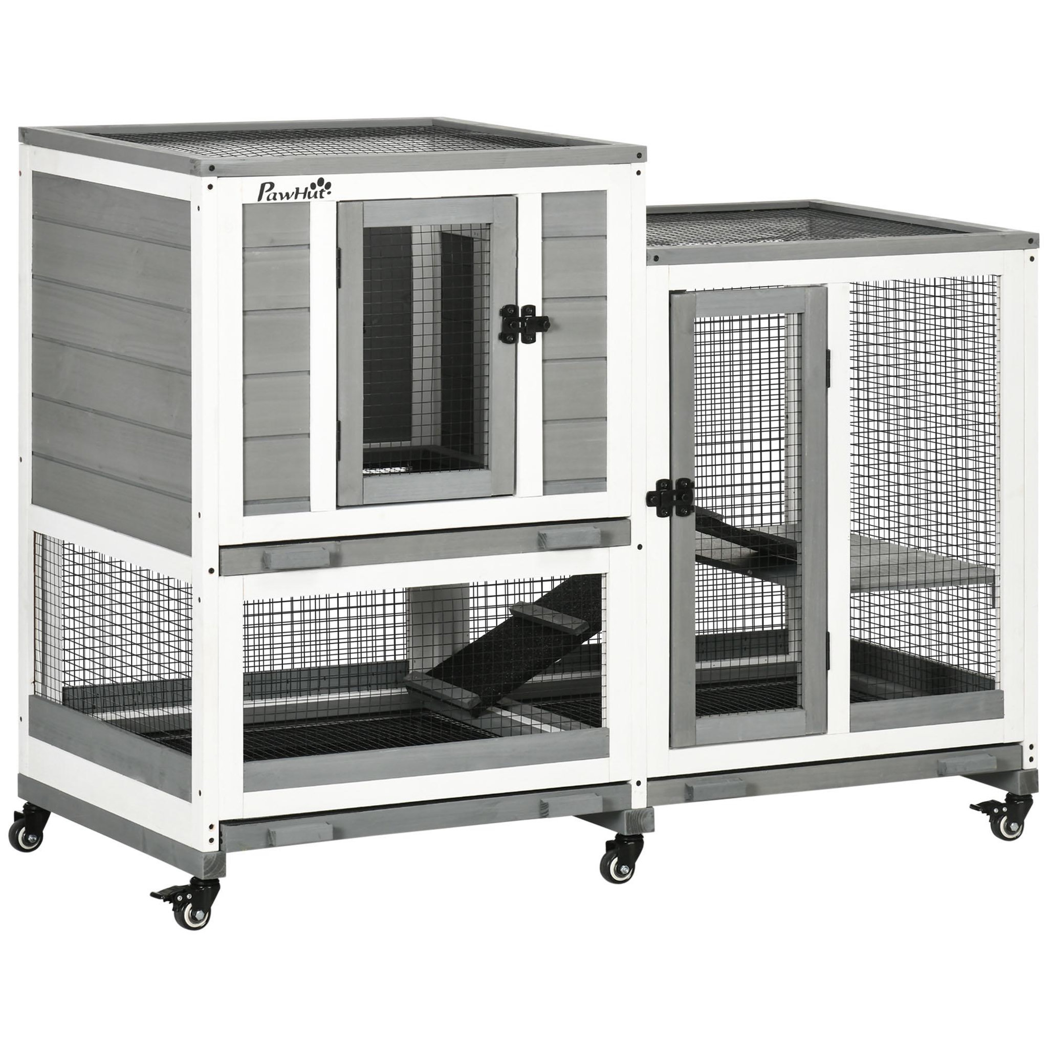 PAWHUT Clapier à lapin sur roulettes cage à lapin 3 niveaux 2 portes verrouillables 3 plateaux coulissants rampes bois sapin acier gris blanc