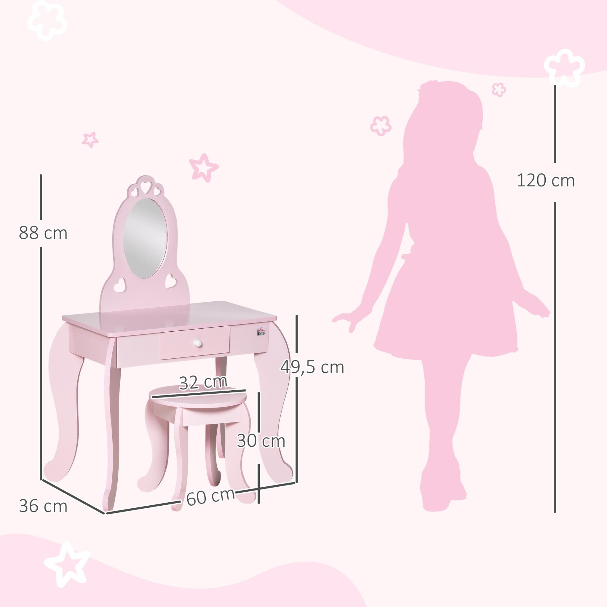 Voir la diapositive 3 : HOMCOM Coiffeuse enfant design girly avec motifs à coeur - tabouret inclus - dim. 60L x 36l x 88H cm - tiroir, miroir - MDF - rose