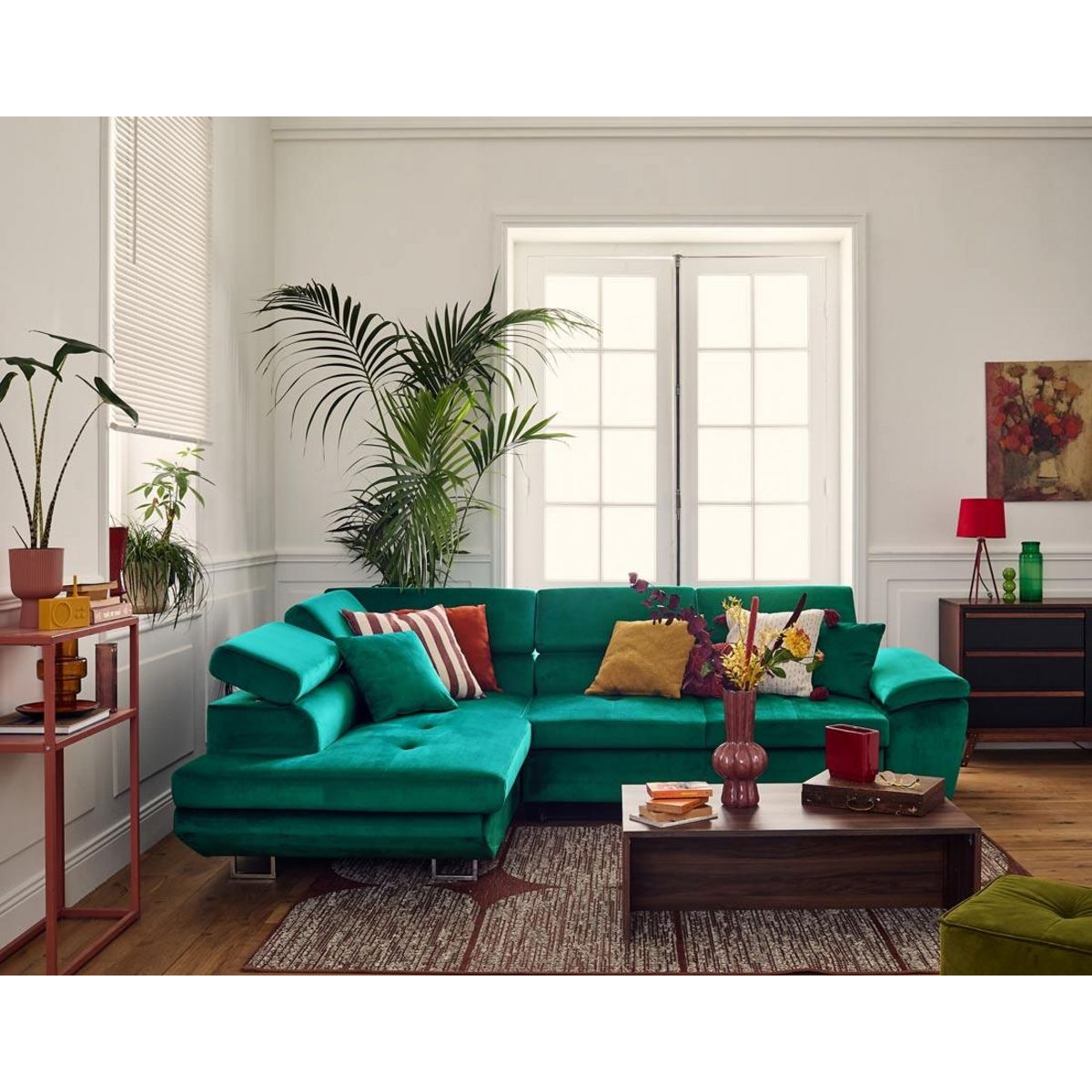 BEST MOBILIER Dimas - canapé d'angle gauche 5 places - convertible avec coffre et têtières réglables - en velours