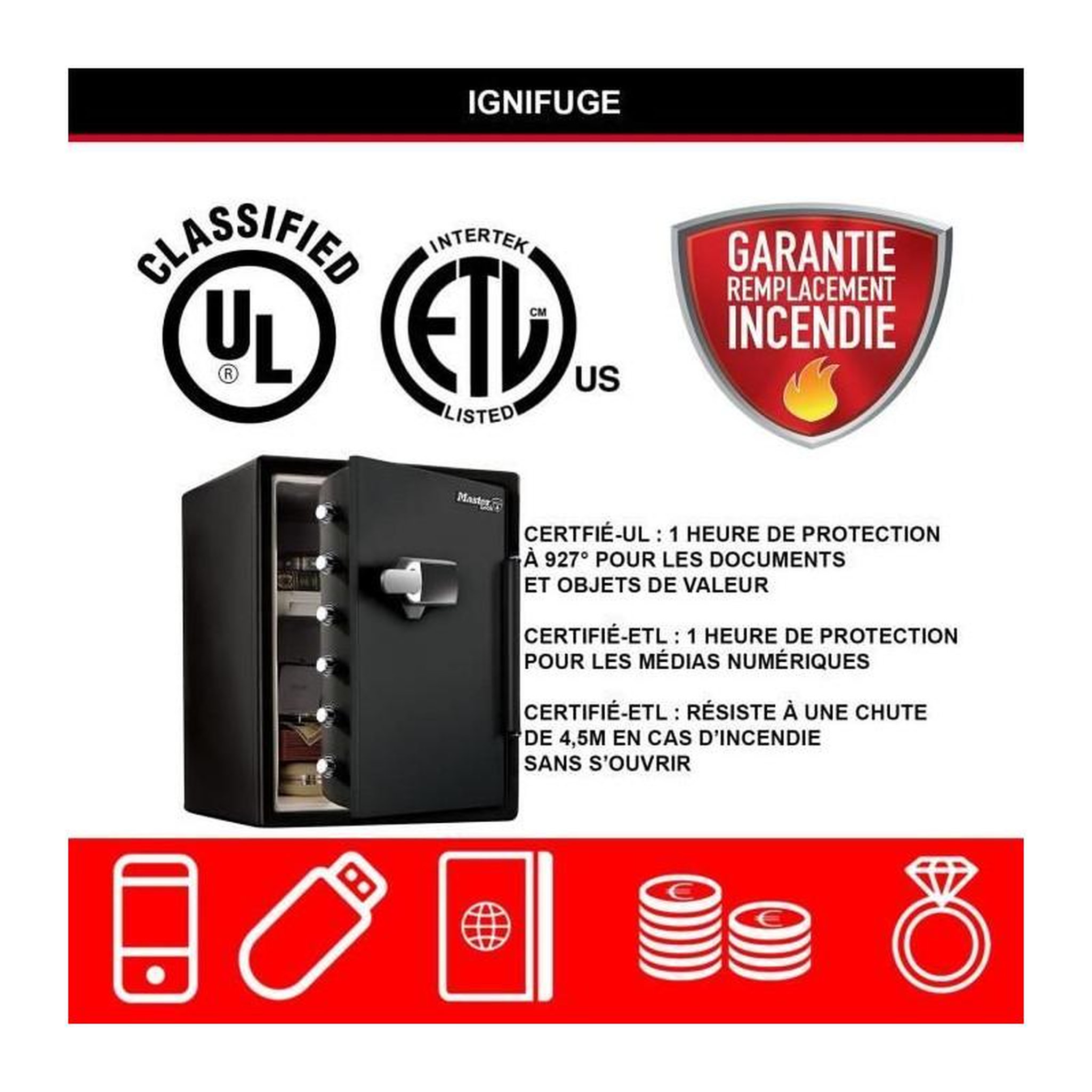 Voir la diapositive 2 : MASTER LOCK MASTER LOCK Coffre-fort ignifugé et résistant a l'eau (code tactile + alarme) 56,5 L