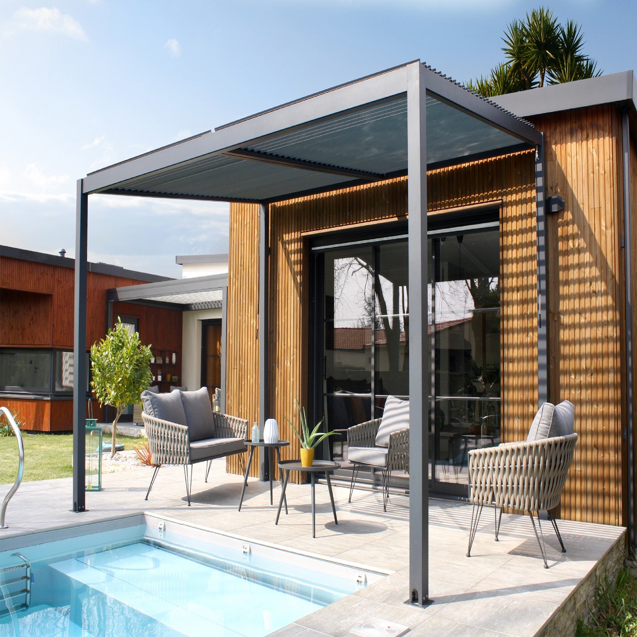 Voir la diapositive 1 : DCB GARDEN Pergola bioclimatique à lames orientables aluminium TRAMONTO