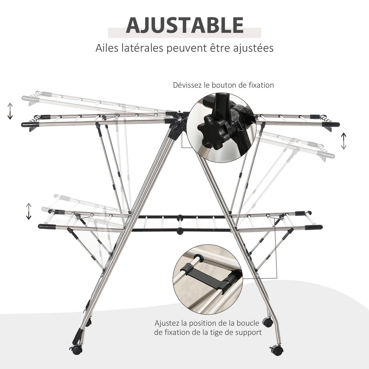 HOMCOM HOMCOM Séchoir à linge étendoir à vêtements pliable réglable avec barre de penderie et roulettes acier inox. PP noir