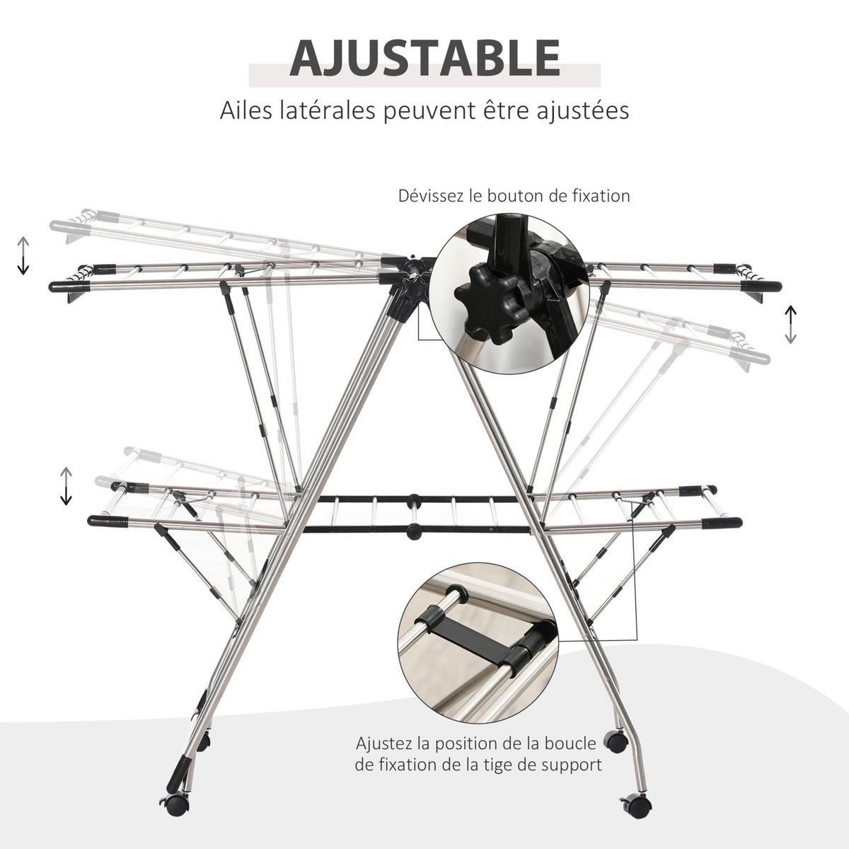 HOMCOM HOMCOM Séchoir à linge étendoir à vêtements pliable réglable avec barre de penderie et roulettes acier inox. PP noir