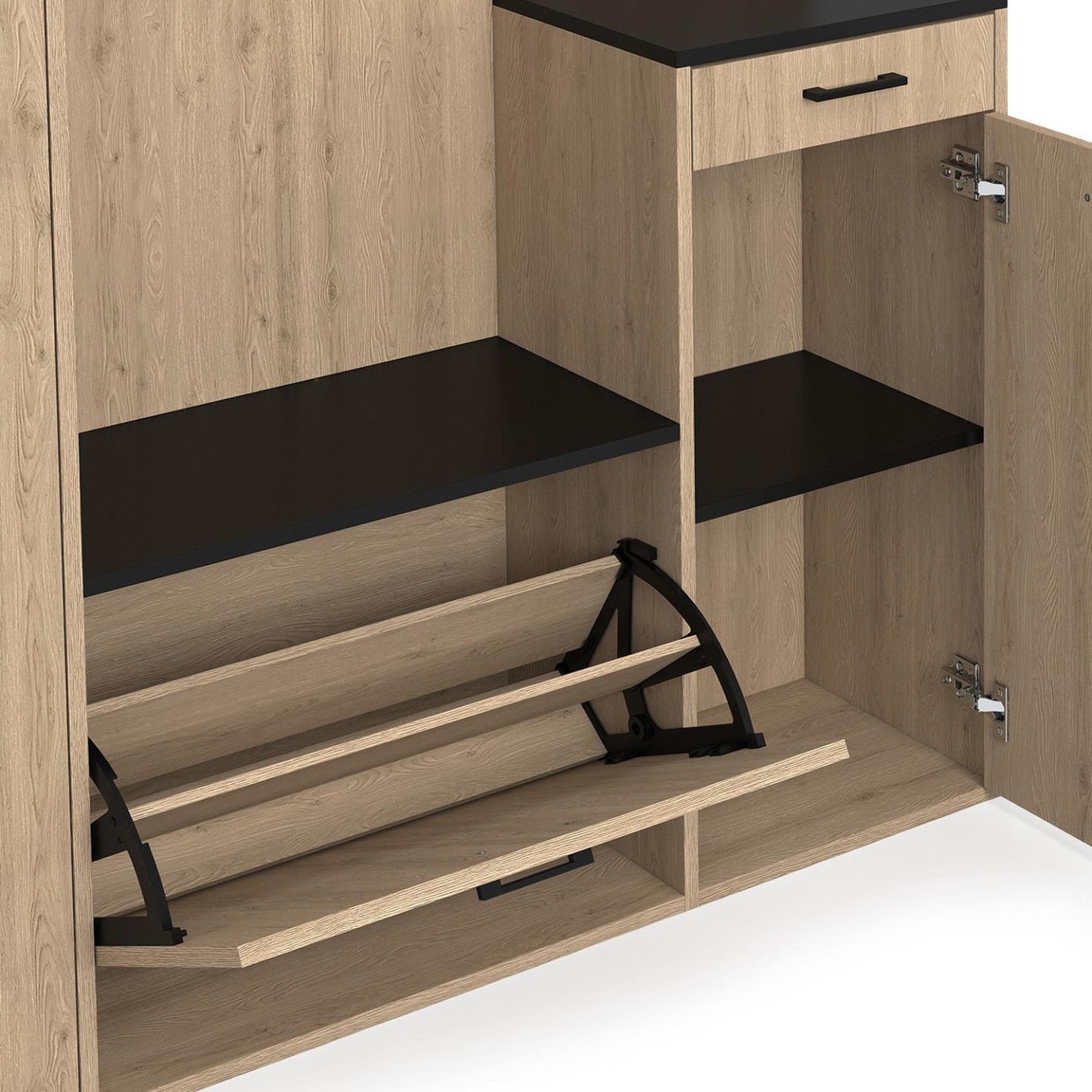 Voir la diapositive 5 : ID MARKET Vestiaire d'entrée rangement chaussures avec miroir et étagères mahaut xxl maxi capacité effet bois et noir