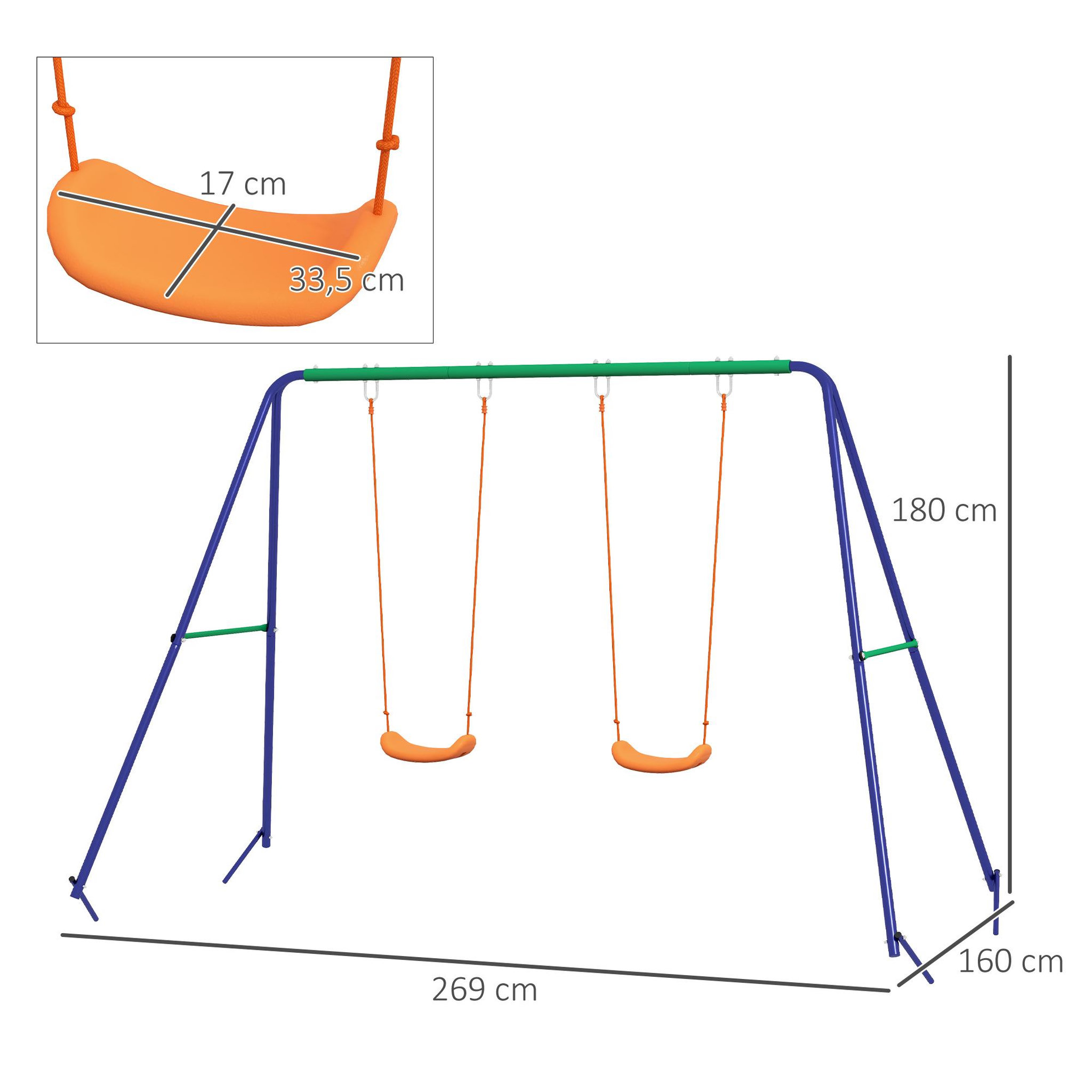 Voir la diapositive 3 : OUTSUNNY Balançoire 2 agrès portique avec 2 balançoires dim. 2,69L x 1,6l x 1,8H m métal époxy anticorrosion vert bleu PP orange