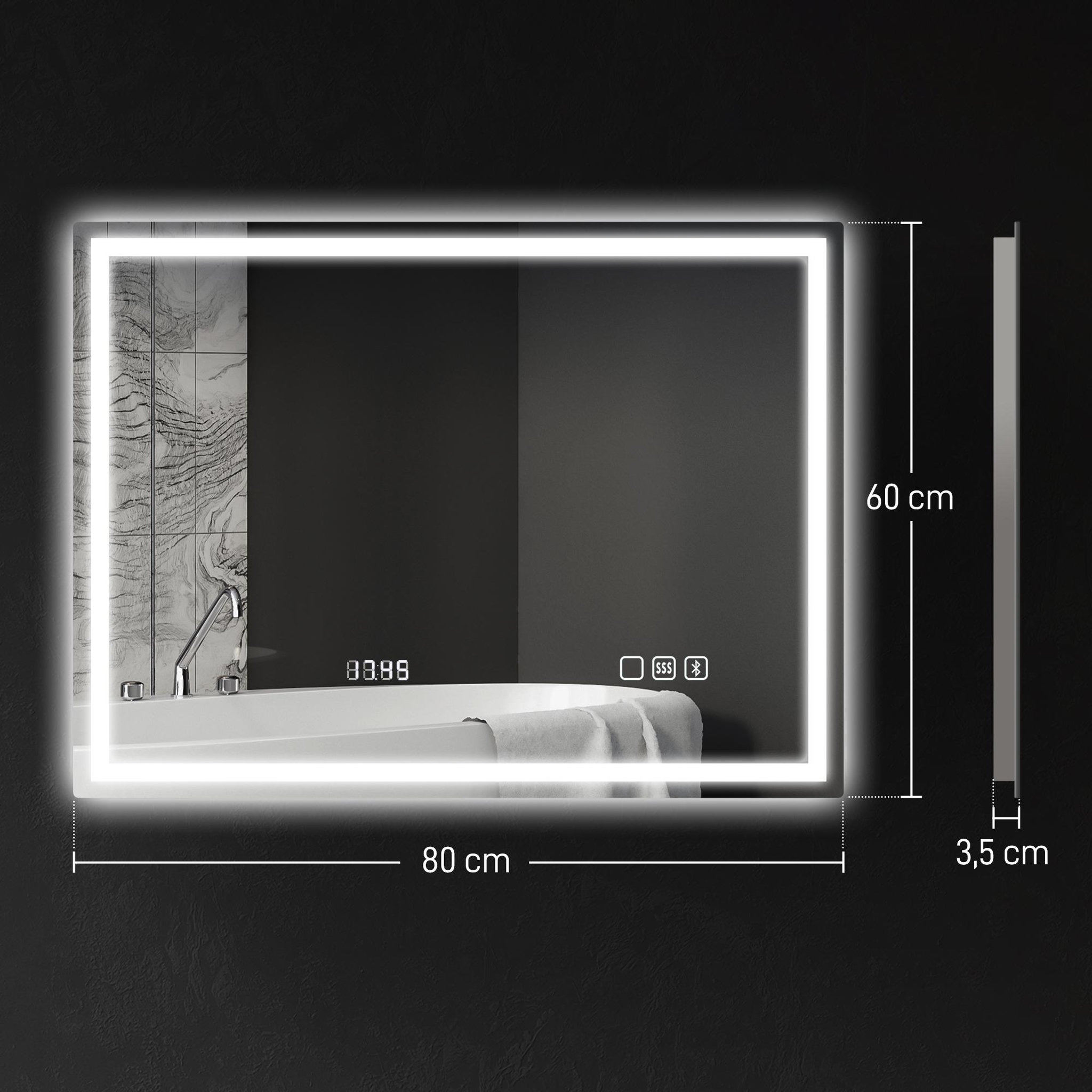 Voir la diapositive 3 : HOMCOM Miroir lumineux led salle de bain 80 x 60 cm bluetooth interrupteur tactile lumière réglable 3 couleurs fonction anti-buée et mémoire