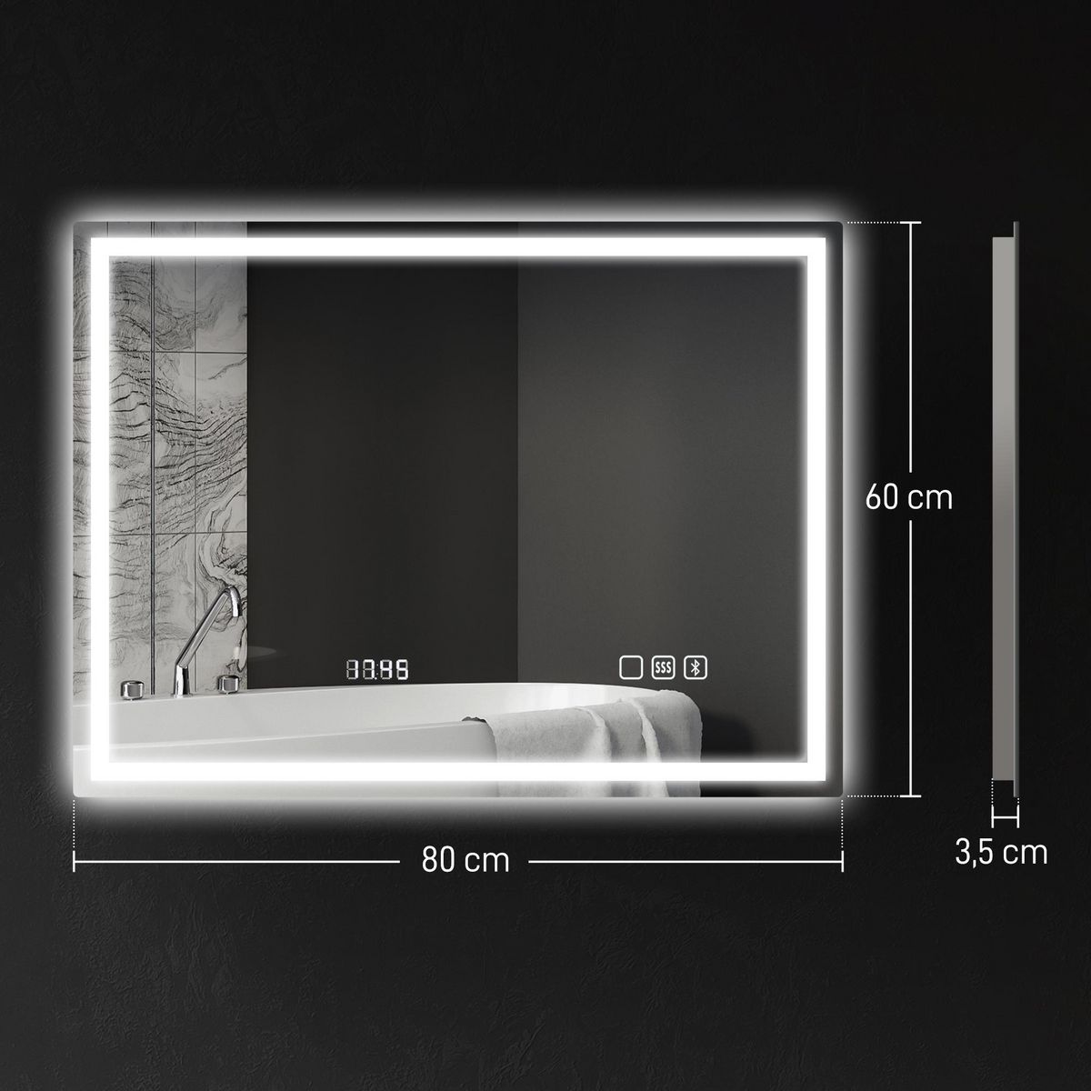 HOMCOM Miroir lumineux LED salle de bain 80 x 60 cm bluetooth interrupteur tactile lumière réglable 3 couleurs fonction anti-buée et mémoire