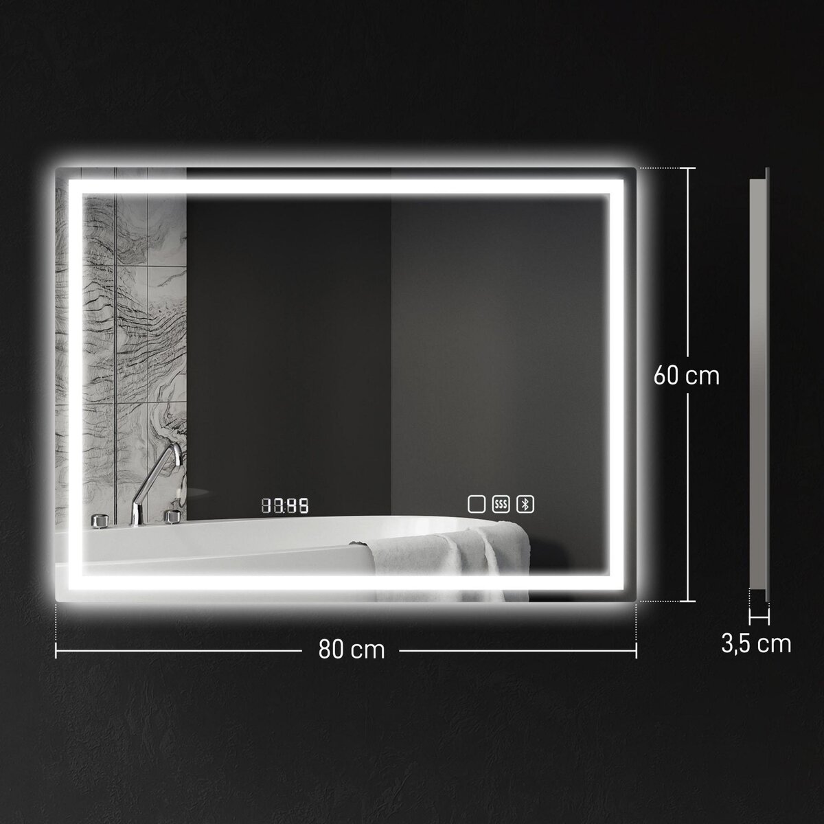 HOMCOM Miroir lumineux LED salle de bain 80 x 60 cm bluetooth interrupteur tactile lumière réglable 3 couleurs fonction anti-buée et mémoire