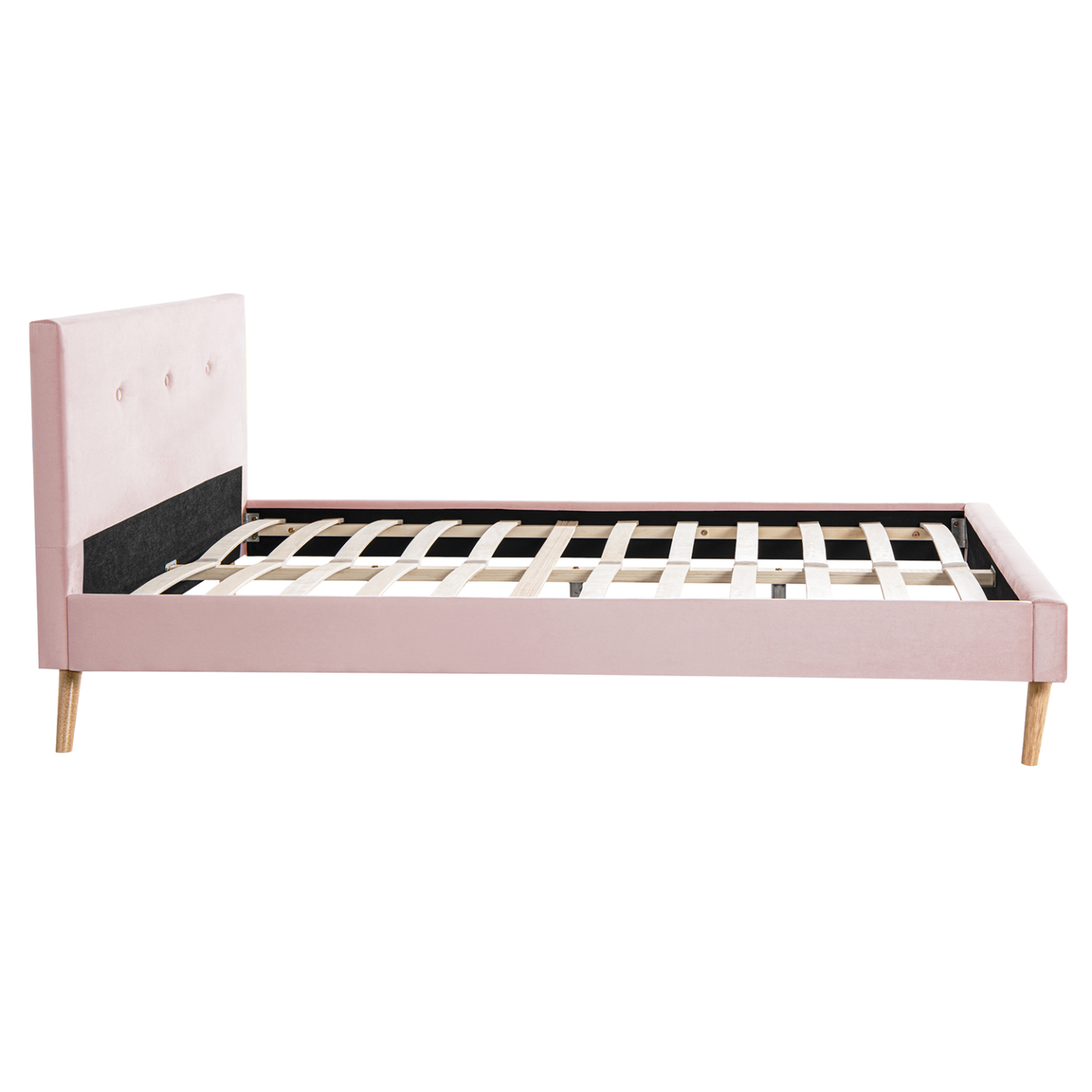 Voir la diapositive 6 : ID MARKET Lit double scandinave oslo avec tête de lit et sommier 140 x 190 cm tissu rose clair effet velours