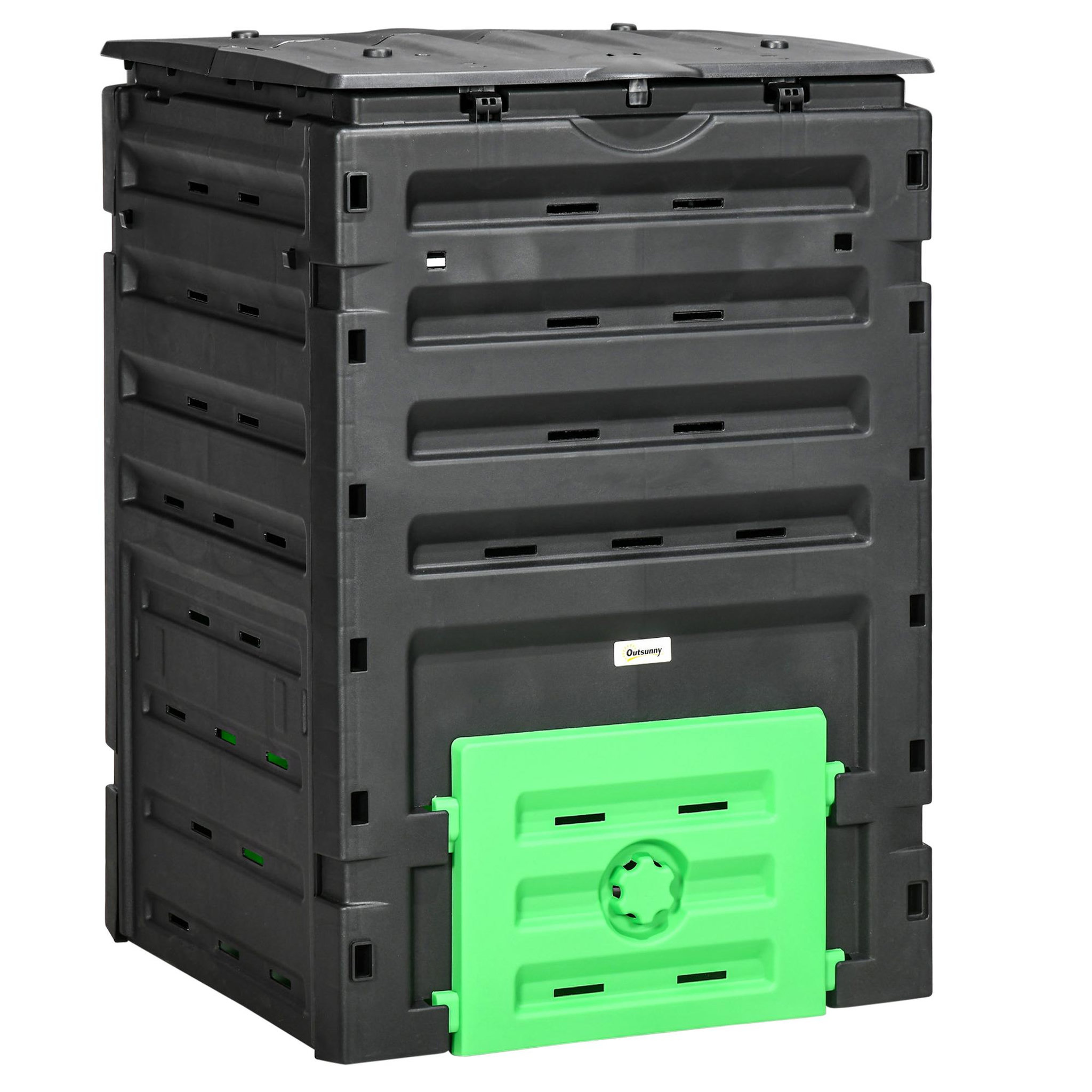 OUTSUNNY Composteur de jardin 450L 80 aérations 2 trappes coulissantes toit ouvrant noir vert