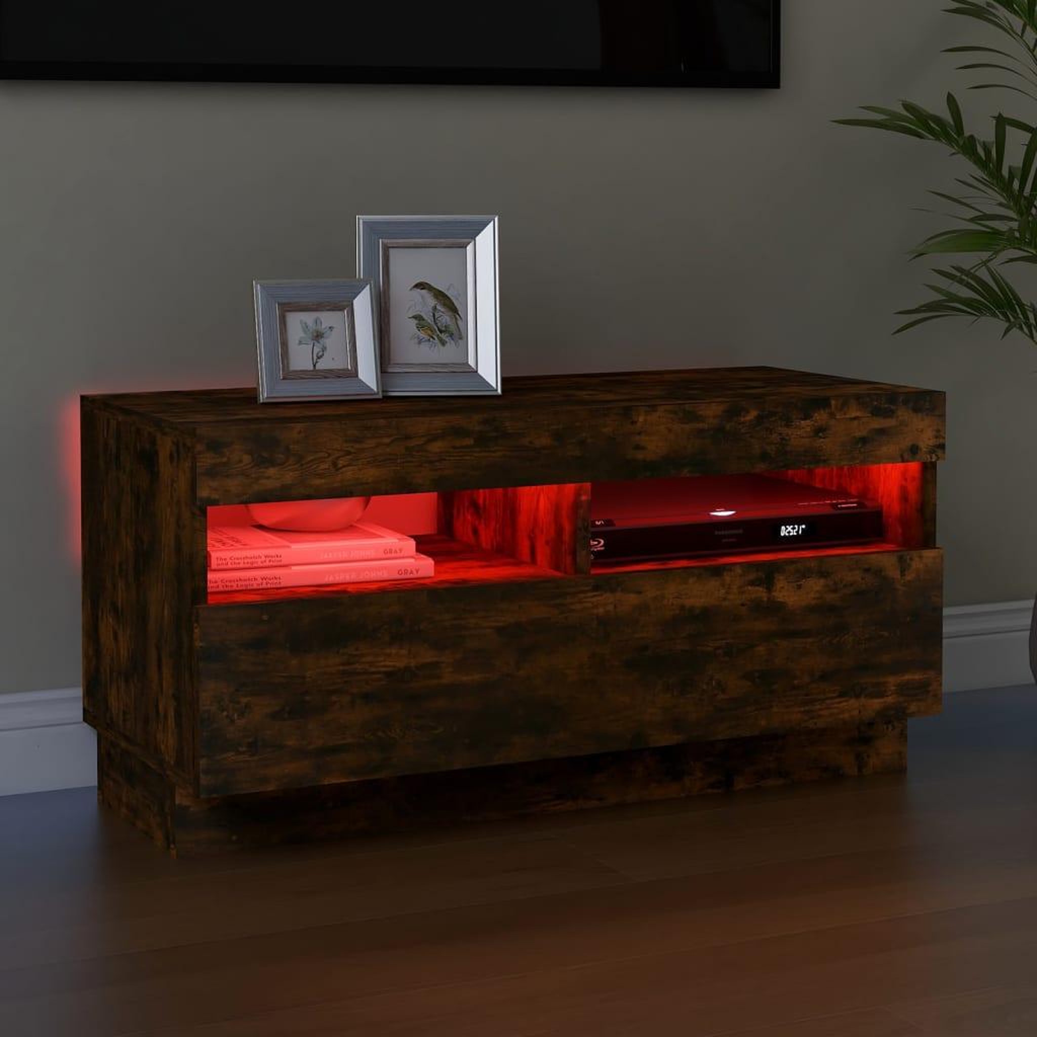 Voir la diapositive 3 : VIDAXL Meuble TV avec lumieres LED chene fume 80x35x40 cm