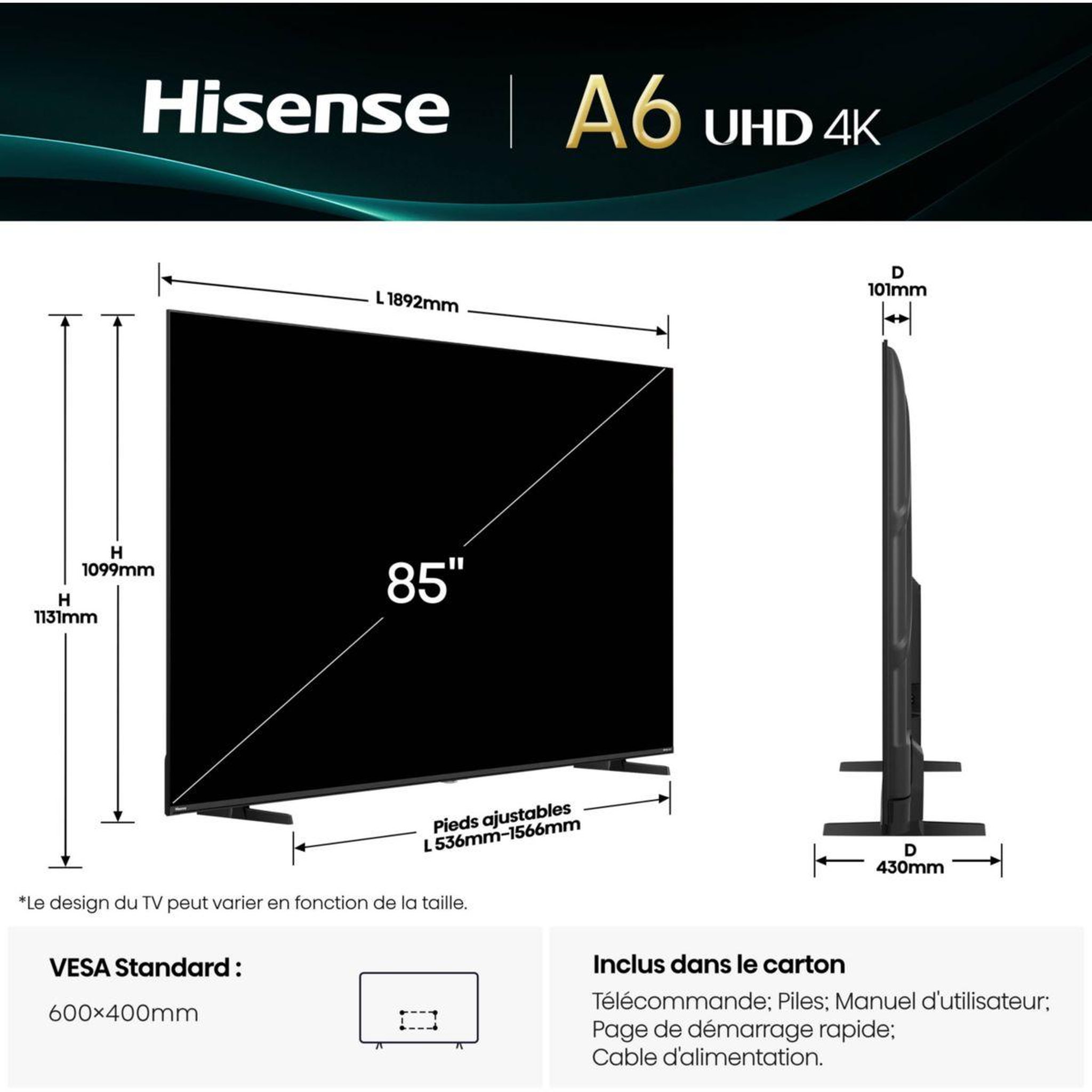 Voir la diapositive 4 : Hisense TV LED 85A6Q 2025-85 pouces (215cm)