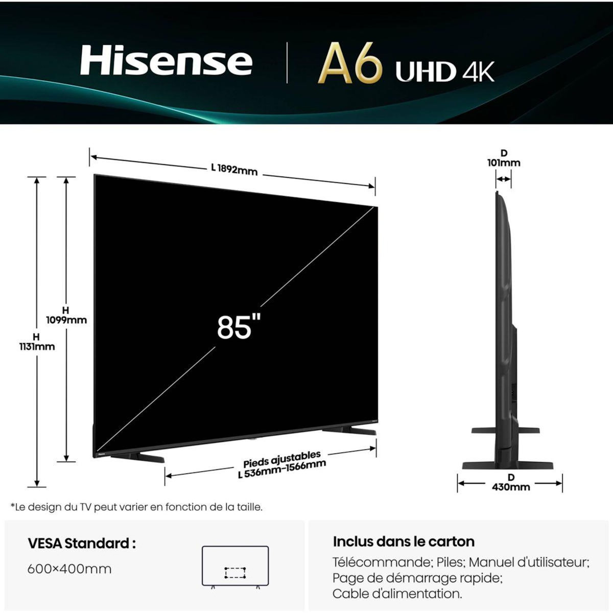 Hisense TV LED 85A6Q 2025-85 pouces (215cm)