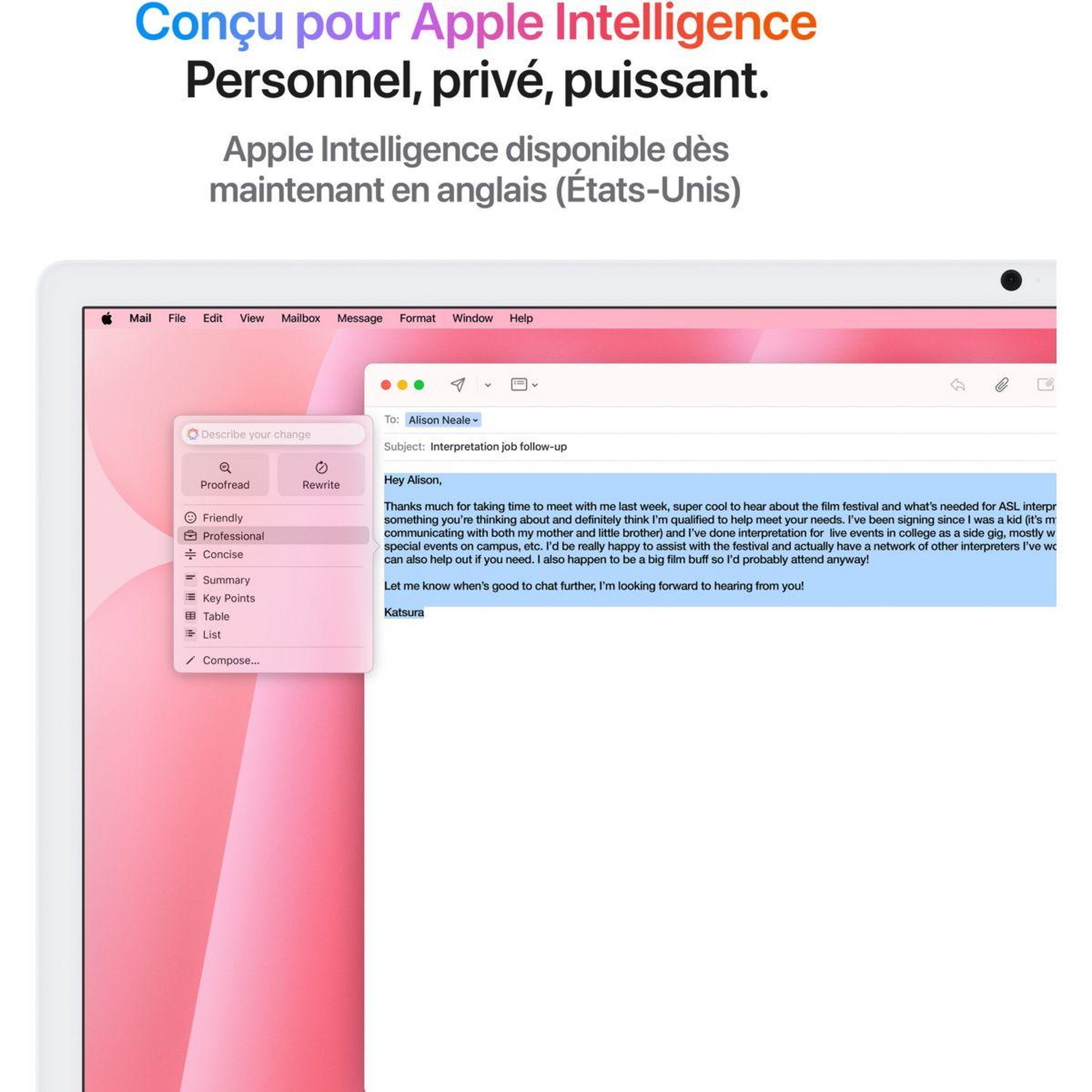 Voir la diapositive 5 : APPLE Ordinateur apple 24  ecran retina 4,5k puce m4 cpu 10 / gpu 10 coeurs mémoire ram 24go stockage 512go ssd rose