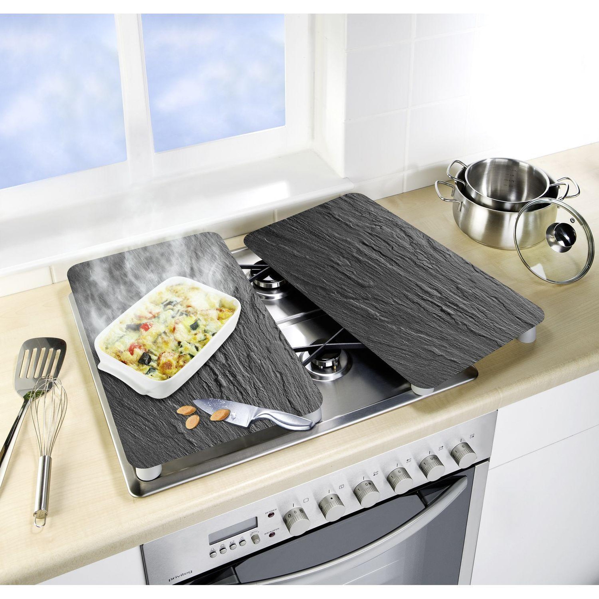 Voir la diapositive 2 : Wenko 2 Couvres plaque XL universelle Ardoise - L. 52 x l. 40 cm - Gris