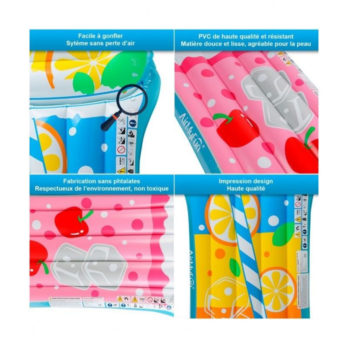 AIRMYFUN Pack 2 Matelas Gonflables d'Eau Géants, Ultra Confort, pour Piscine & Plage - Pack Twin Fresh Fruits 185 x 100 cm