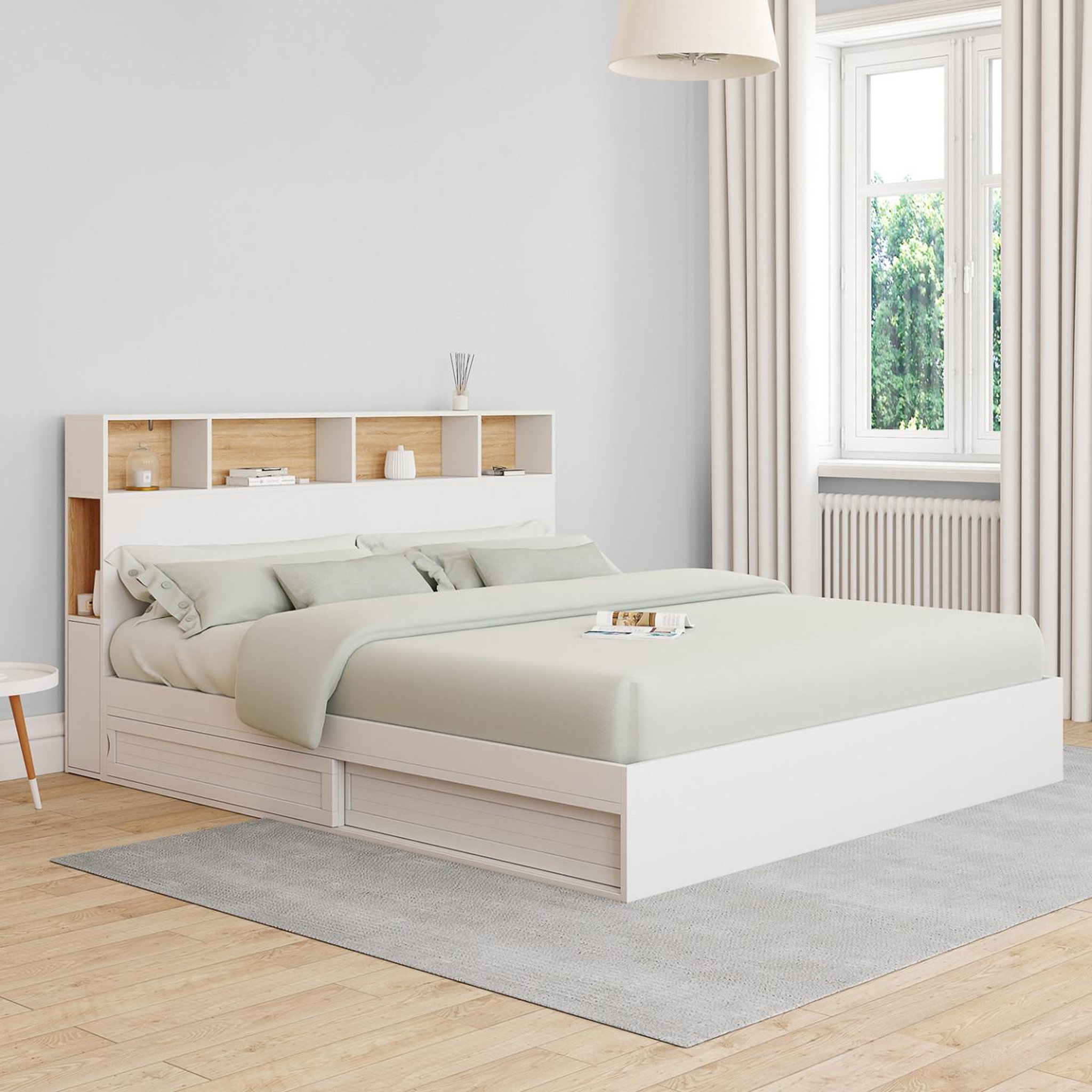 Voir la diapositive 6 : ID MARKET Lit double clem avec rangements + tête de lit et sommier 180 x 200 cm blanc et hêtre