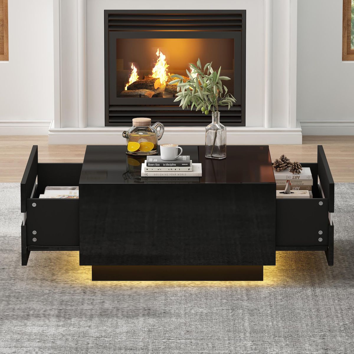 MERAX Table basse carrée noir avec 2 tiroirs - 70x70 cm led panneau de particules