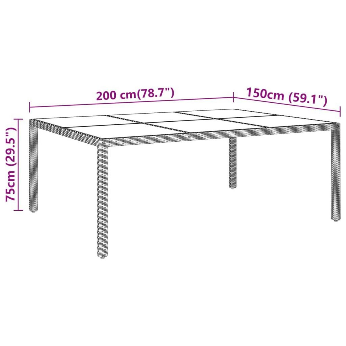 VIDAXL Table de jardin 200x150x75 cm Verre trempe/resine tressee Beige